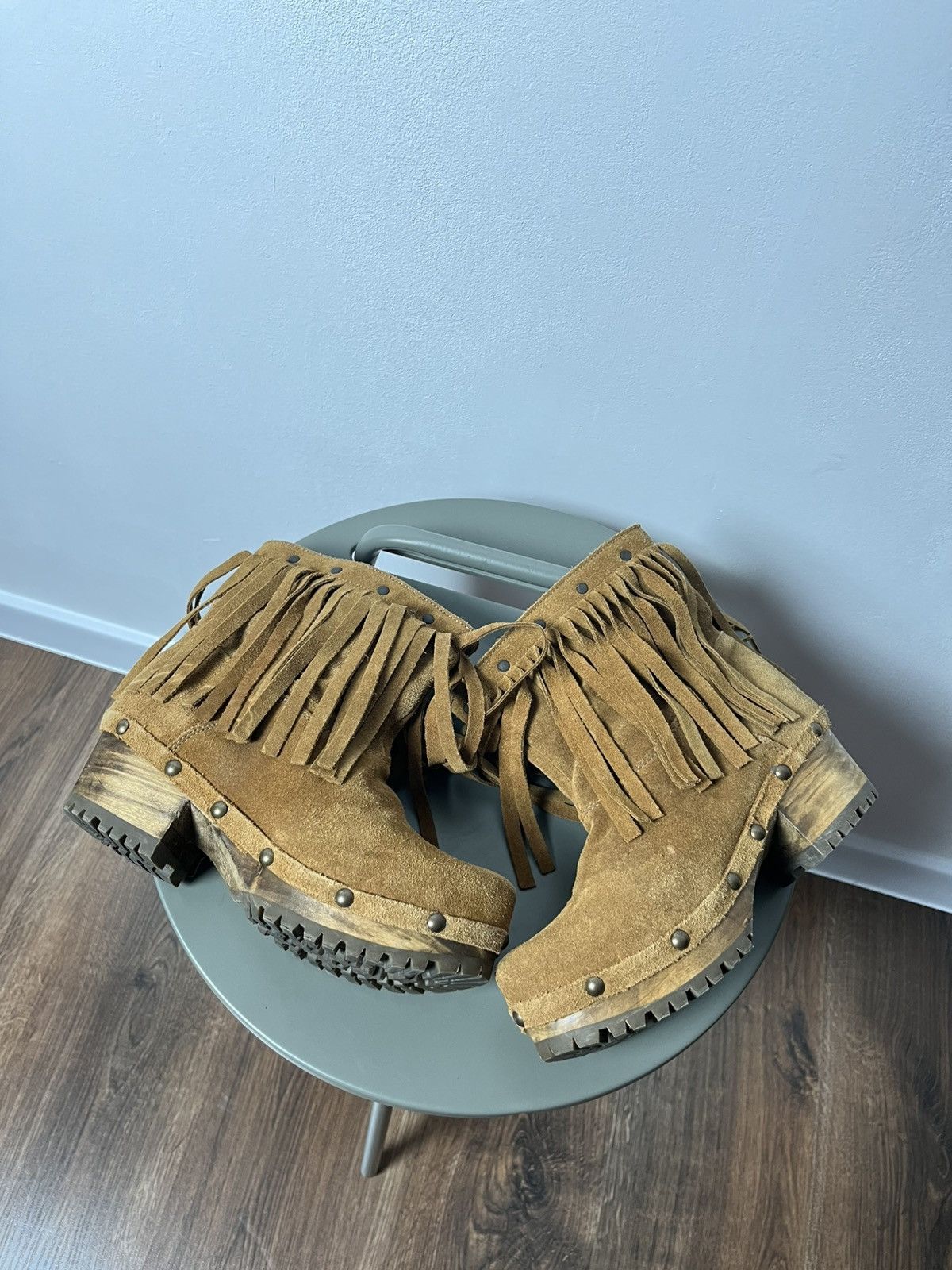 Cowboy Equipment × Vintage Western Fringe Suede Leather Boots with Wooden Platform Sole Size US 6 / IT 36 - 8 Thumbnail