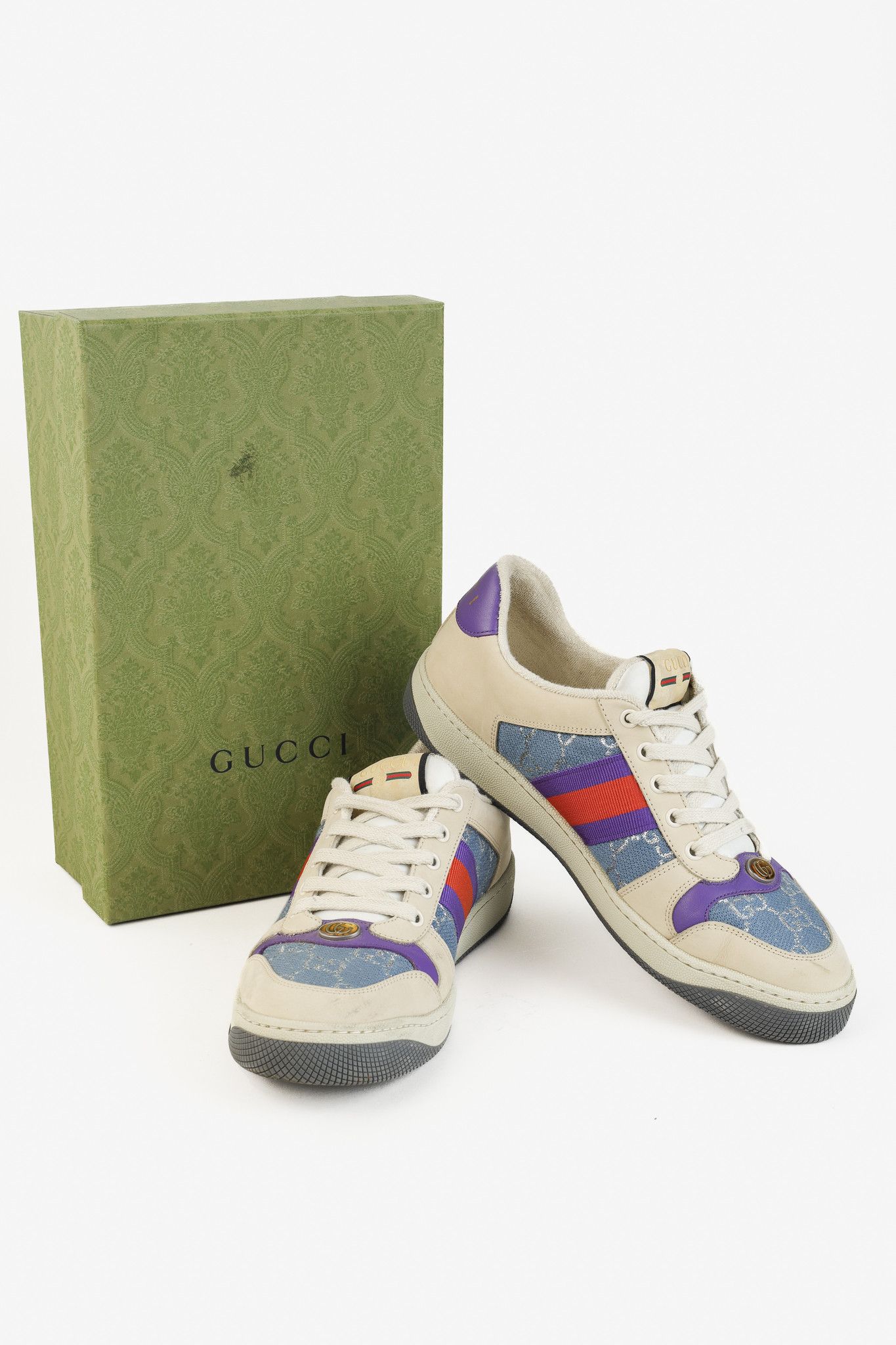 Gucci Gucci Screener Blue GG Lamé Web Leather Sneakers Size US 10 / IT 40 - 13 Thumbnail