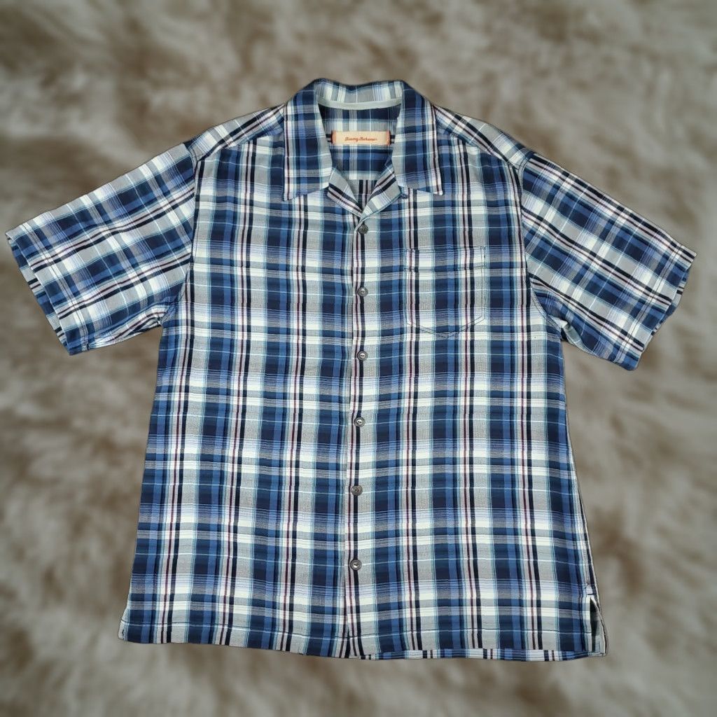Tommy Bahama Tommy Bahama Hawaiian Shirt Mens Large Blue Plaid Silk Button Up Short Sleeve Size US L / EU 52-54 / 3 - 1 Thumbnail