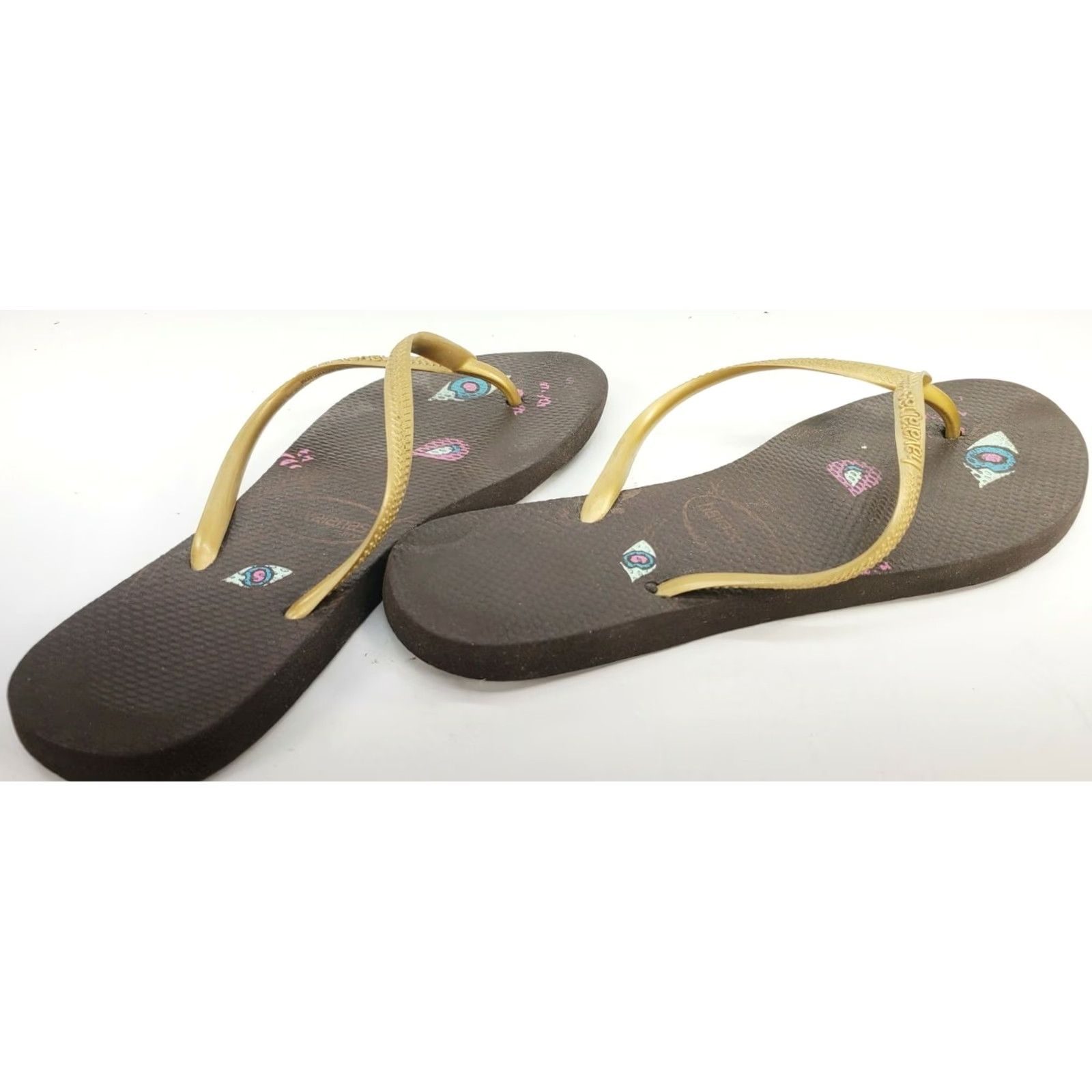Vintage Havaianas Sandals Women's 9 Gold Straps Brown Footbed Comfy Casual Flip Flop Slips On Rubber Breathable 2020 Mens? Size US 9 / IT 39 - 4 Thumbnail