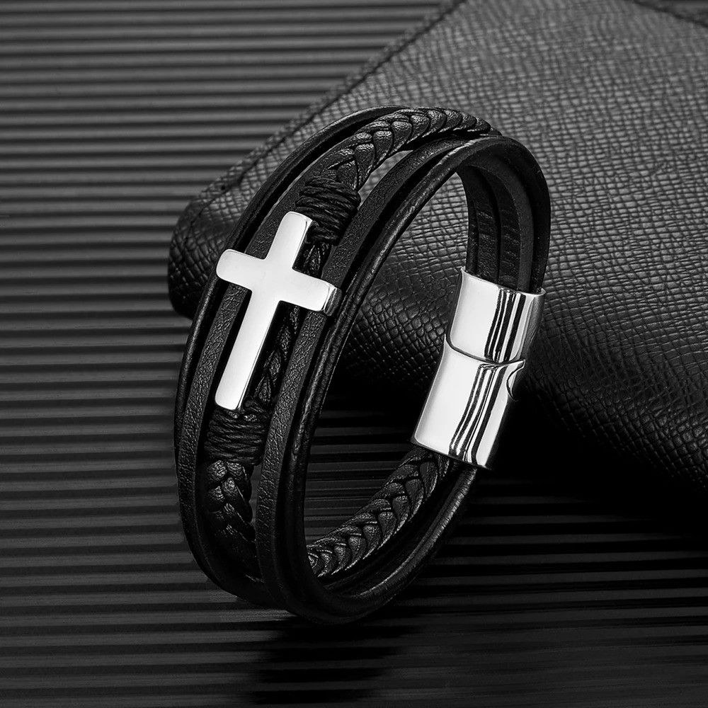Other Cross Braided Leather Bracelet Accessories Gift For Him Size ONE SIZE - 1 Thumbnail