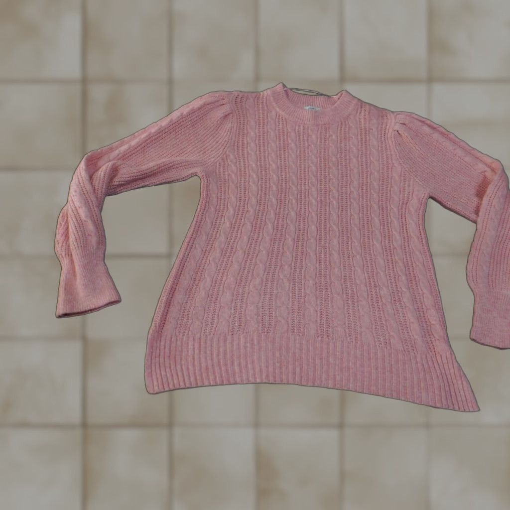 Vintage Crown & Ivy Sweater Womens Large Cable Knit Pullover Crewneck Soft Pink Classic Puff Sleeve Regular Knit Lace? Size L / US 10 / IT 46 - 1 Thumbnail