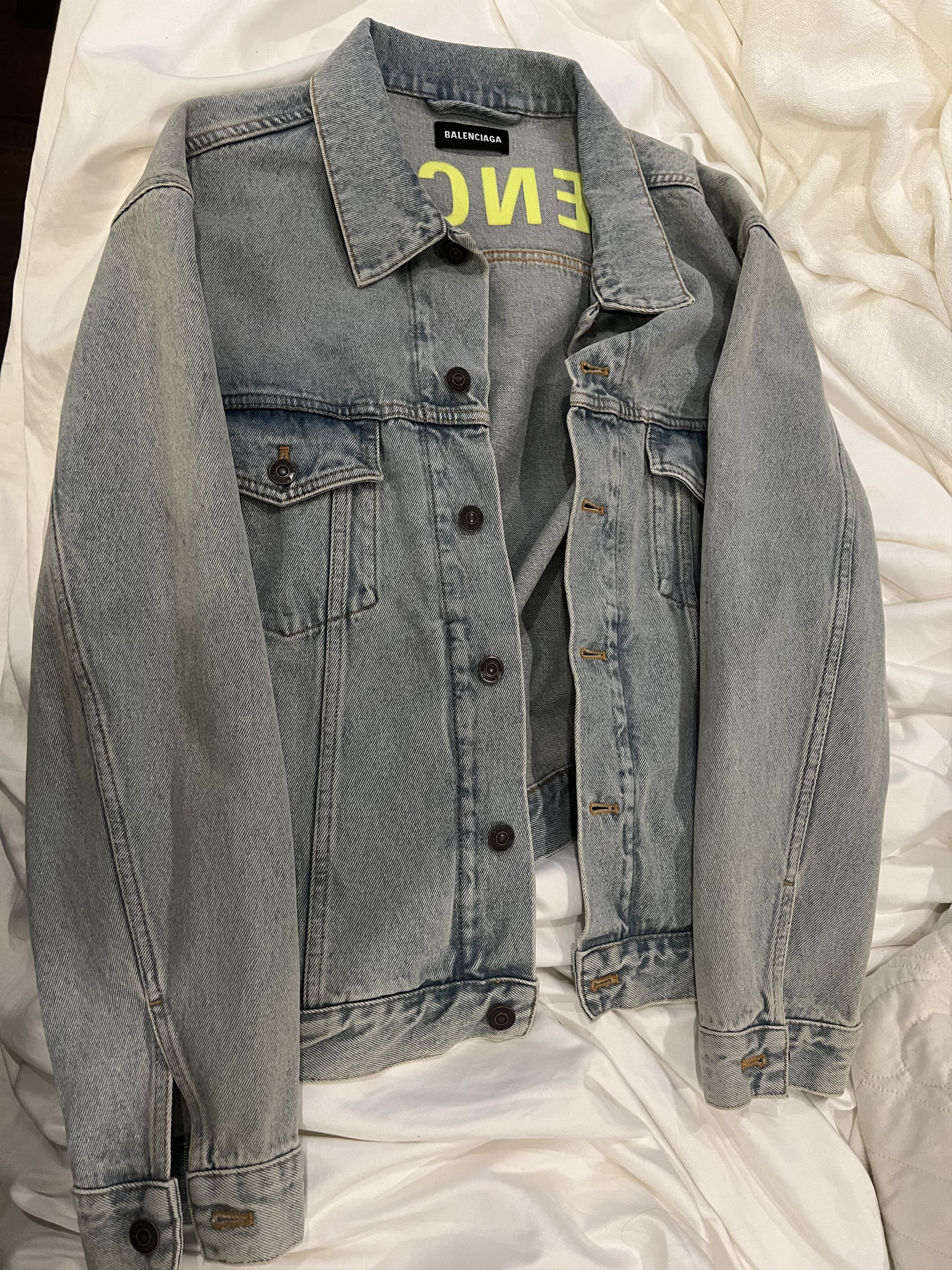 image of Balenciaga Denim Jacket With Neon Logo On Back in Blue, Men's (Size Small)