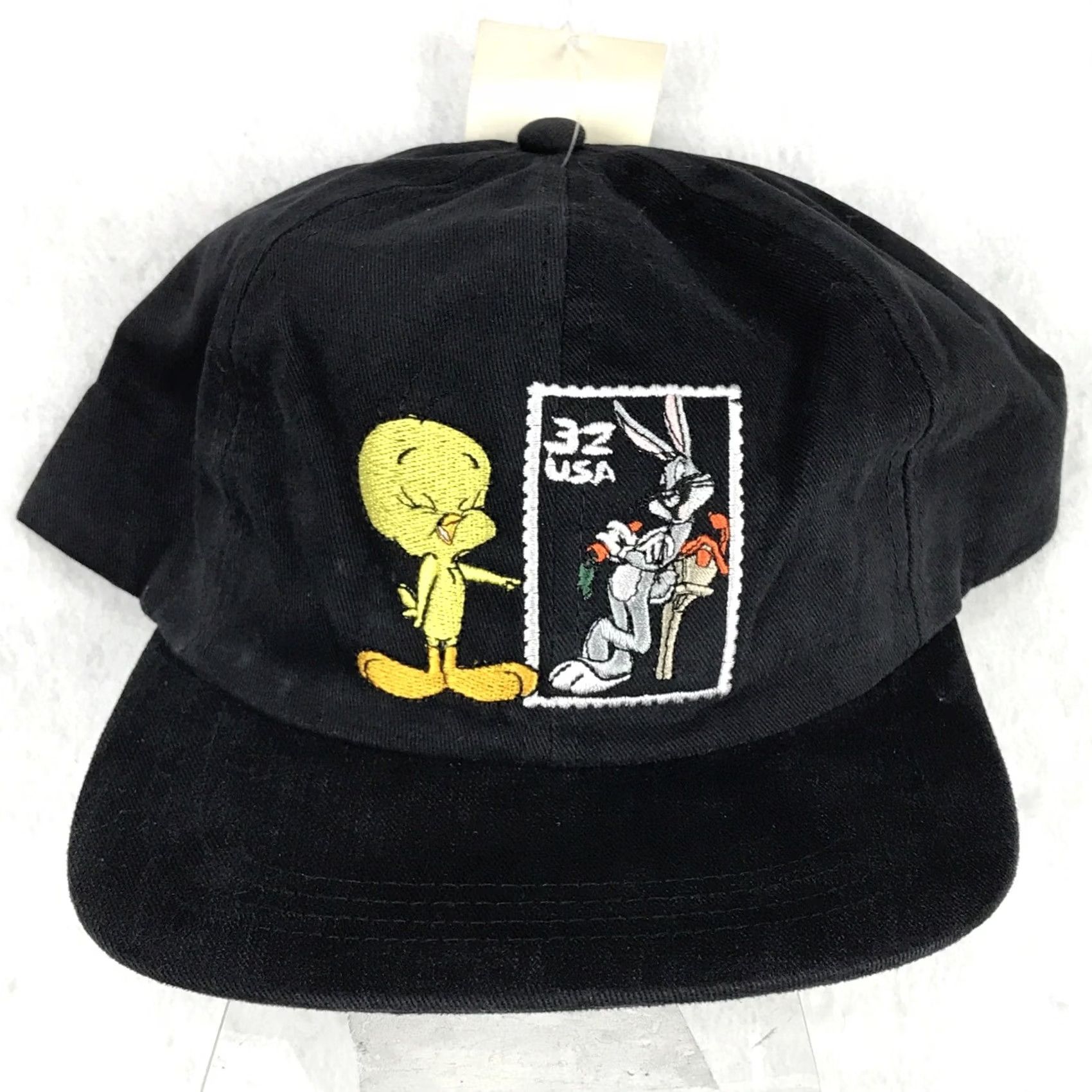 Vintage VINTAGE Warner Bros. Snapback Hat 1997 Looney Tunes Tweety & Bugs Bunny Adjustable Black Unisex Adults 90s 80s Cartoon Stamp Size ONE SIZE - 3 Thumbnail