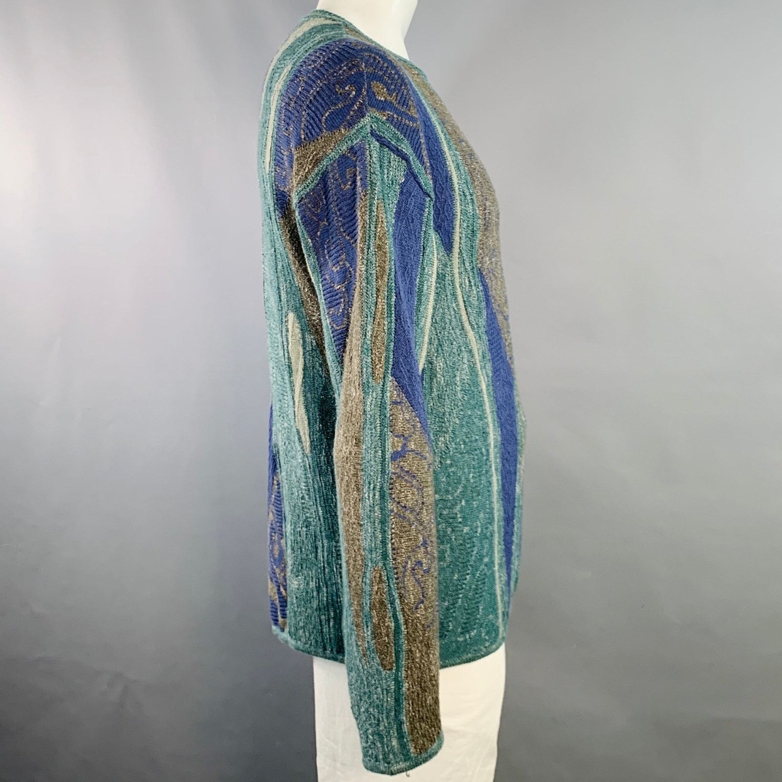 Emporio Armani EMPORIO ARMANI Green Blue Cotton Linen Crew Neck Sweater Size US L / EU 52-54 / 3 - 3 Thumbnail