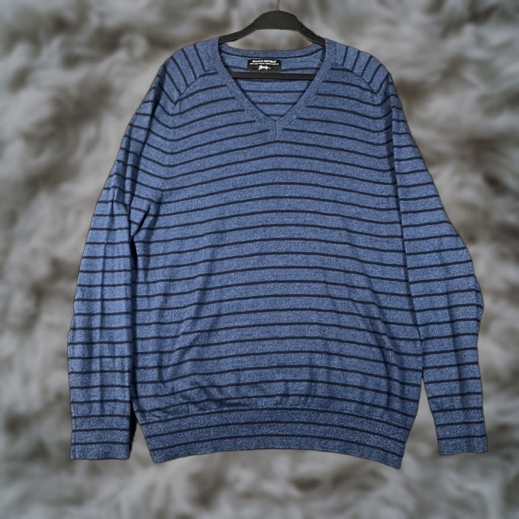 Banana Republic Banana Republic Baruffa Blue Striped Italian Merino Wool V-Neck Sweater Mens XL Size US XL / EU 56 / 4 - 1 Thumbnail