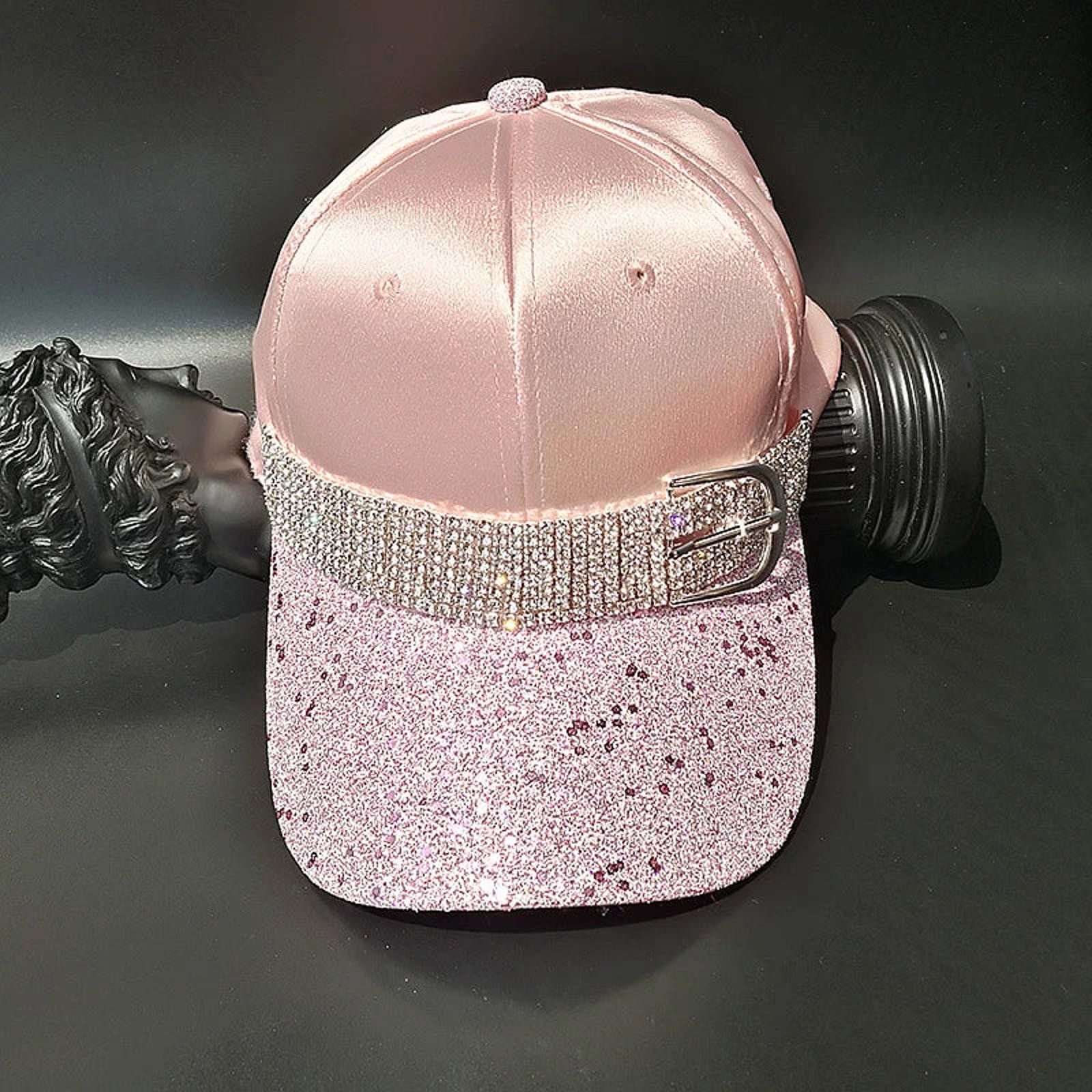 Jewelry Pink Satin Glitter Baseball Cap with Rhinestone Belt Size ONE SIZE - 3 Thumbnail