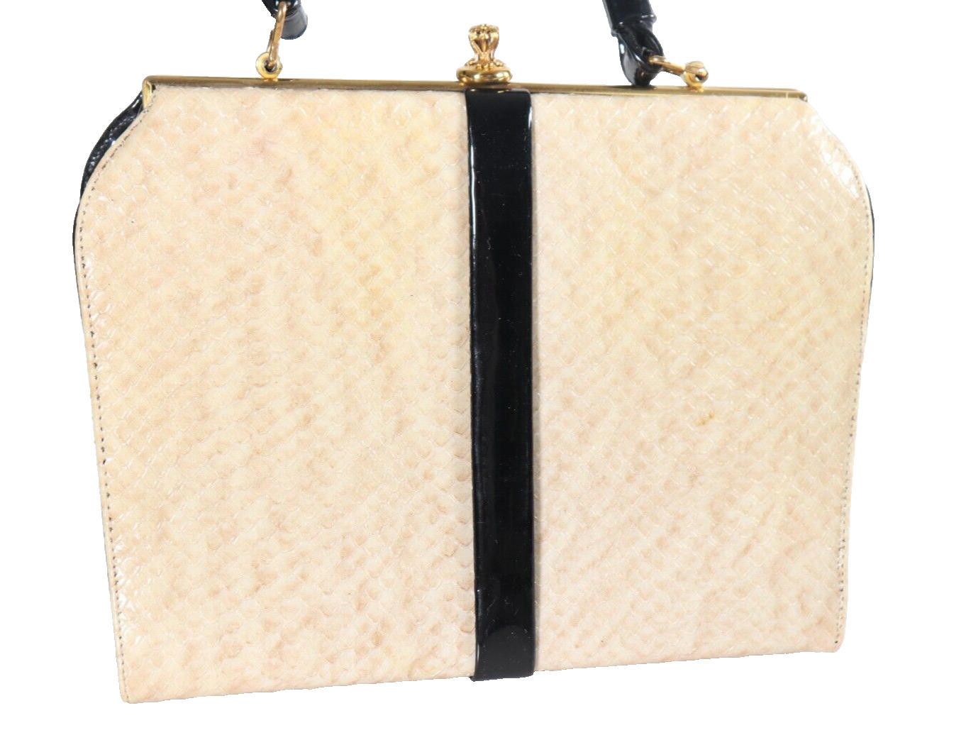 Designer Vintage Cream Black Patent Faux Snake Skin Handbag Purse Bag Size ONE SIZE - 11 Thumbnail