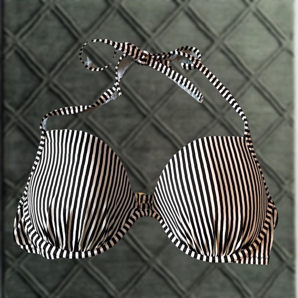 Vintage Shade & Shore Bikini Top 36C Striped Black & White Beach Swim Top Women 36C Spaghetti Strap Padded Size XS / US 0-2 / IT 36-38 - 1 Thumbnail