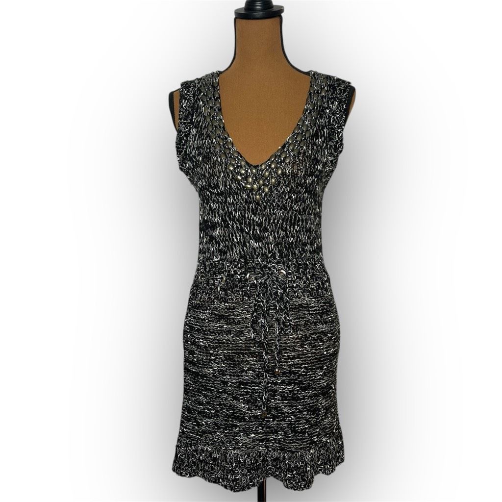 BCBGMaxazria Black Gray Beaded Loose Knit Beachy Sweater Dress Women’s Medium