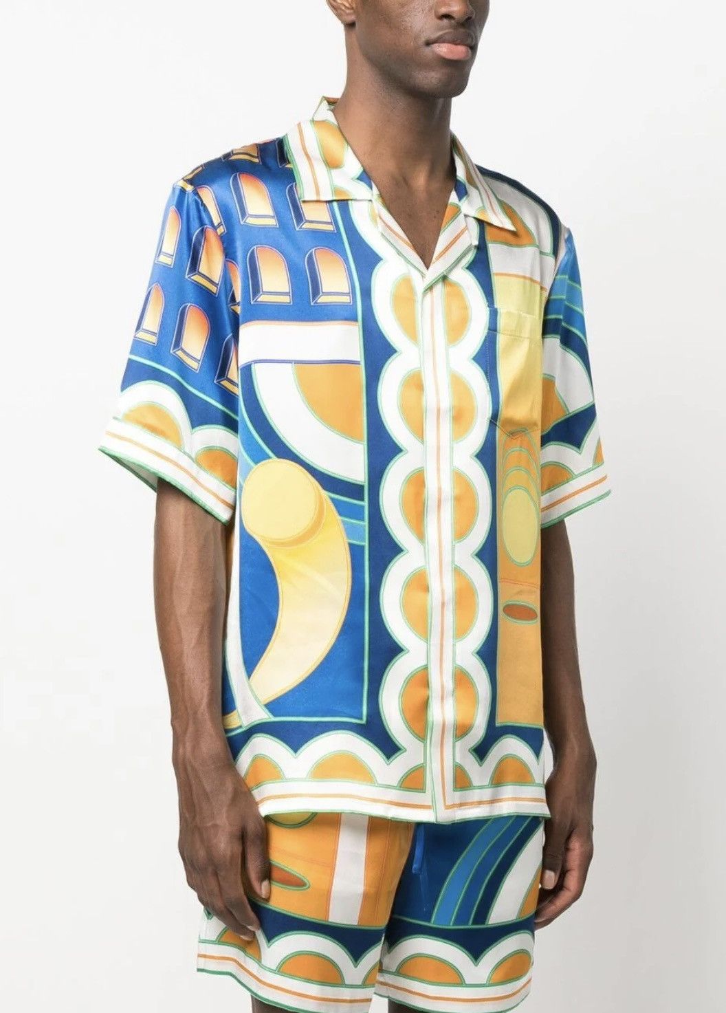 image of Casablanca Size XL Multicolor Paysage Silk Shirt in Blue, Men's