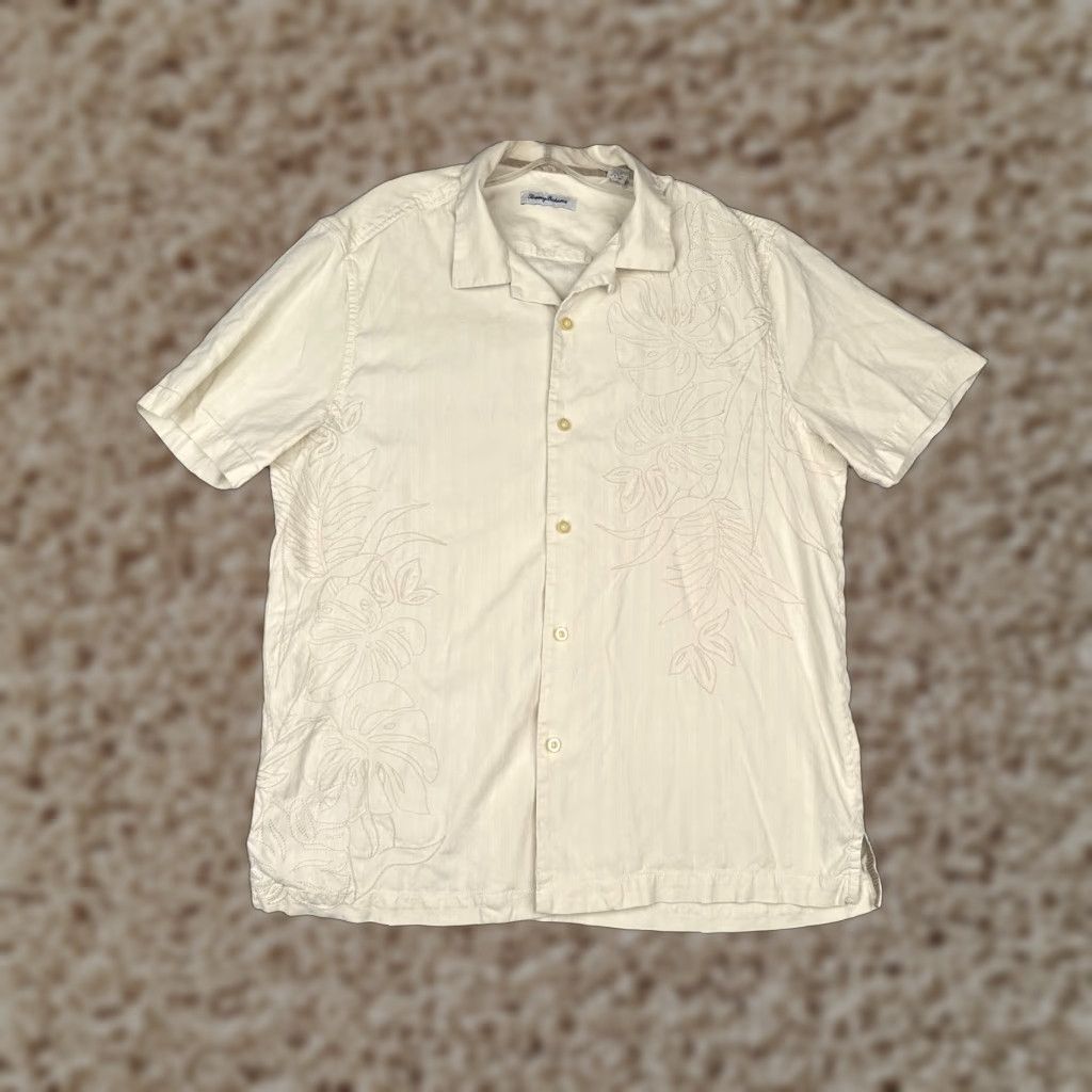 Tommy Bahama Tommy Bahama Shirt Men Large Ivory Embroidered Floral Silk Button-Up Hawaiian Beach Designer Size US L / EU 52-54 / 3 - 1 Thumbnail