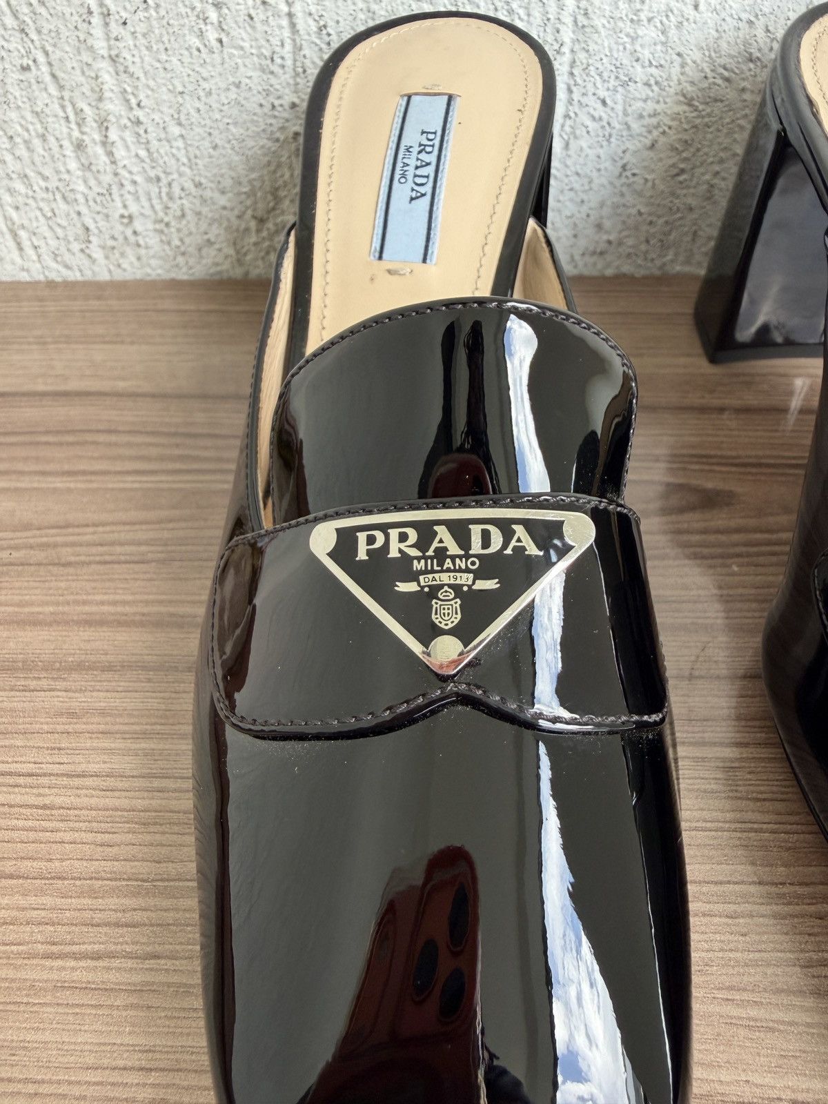 Prada Patent leather triangle logo mules heel Size US 7 / IT 37 - 5 Thumbnail