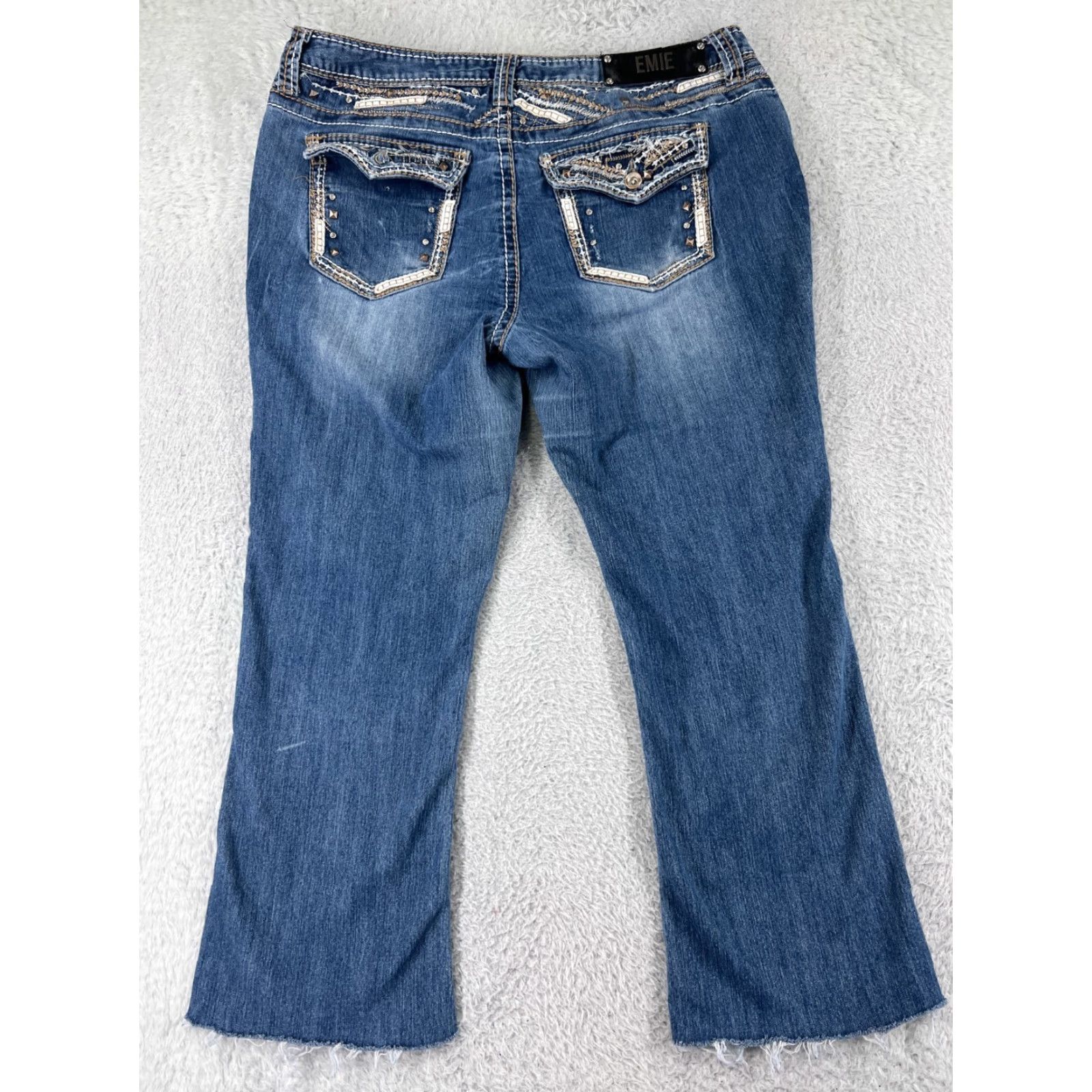 Denime Premiere Jeans Women 13 Blue Denim Embroidered Rhinestone Studded Raw Hem Slim Fit Inseam 26" Mid Rise Adult Women Size 34" / US 12 / IT 48 - 2 Thumbnail