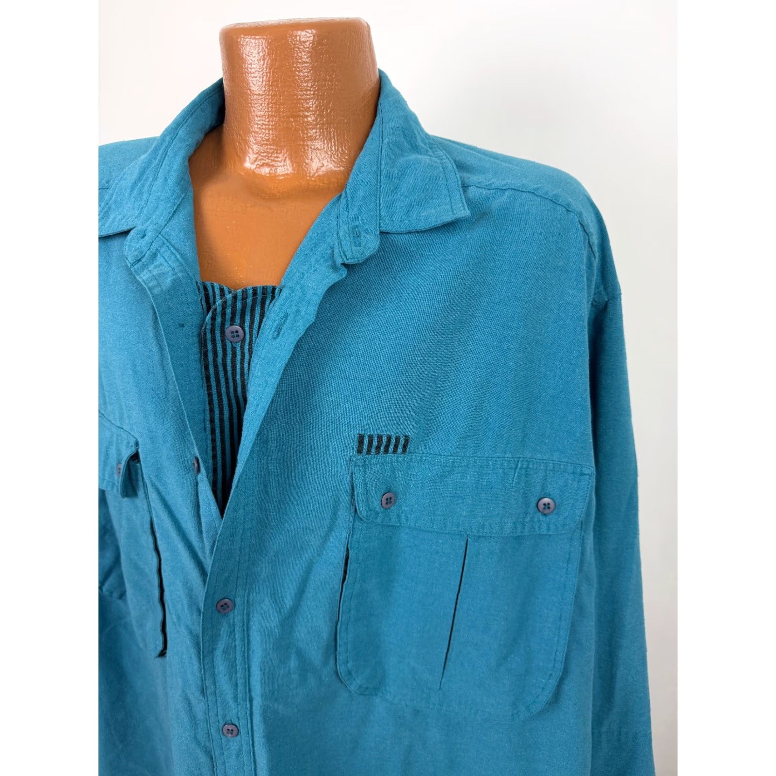 Altea VINTAGE New Vintage Shirt Men 2XL Button-Up Striped Teal Blue 80s 90s Hipster Club Size US XXL / EU 58 / 5 - 6 Thumbnail