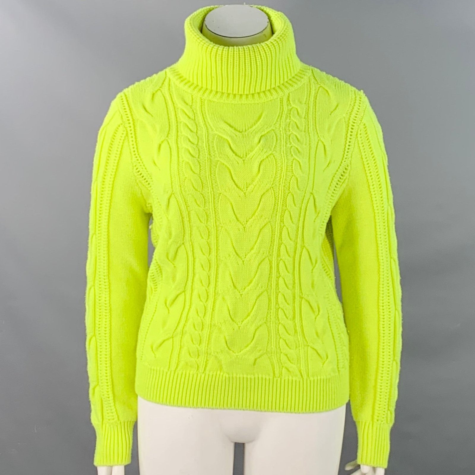 Alice + Olivia L Yellow Neon Wool Blend Cable Knit Turtleneck Sweater Size L / US 10 / IT 46 - 1 Thumbnail