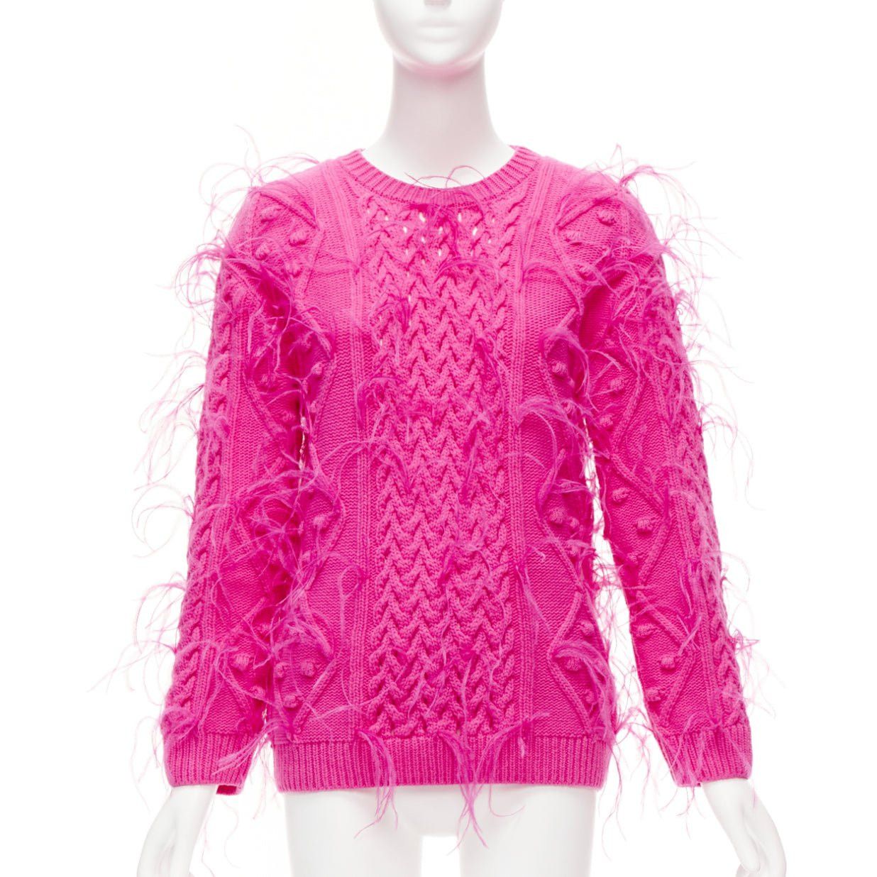 Valentino rare VALENTINO PP Pink wool feather embellished mixed cable knit sweater XS Size S / US 4 / IT 40 - 1 Thumbnail