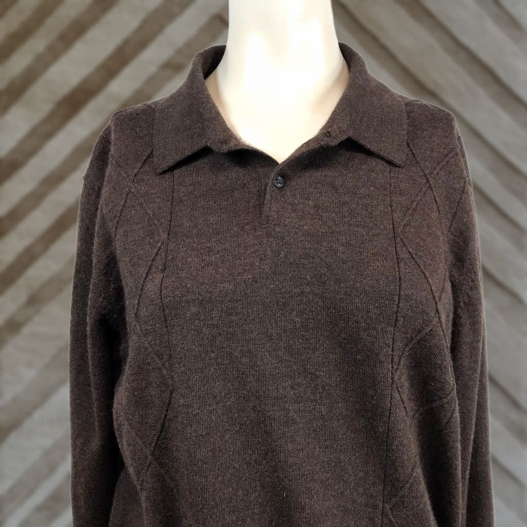 Perry Ellis Perry Ellis Brown 100% Merino Wool Long Sleeve Polo Sweater Diamond Knit Large Size L / US 10 / IT 46 - 1 Thumbnail