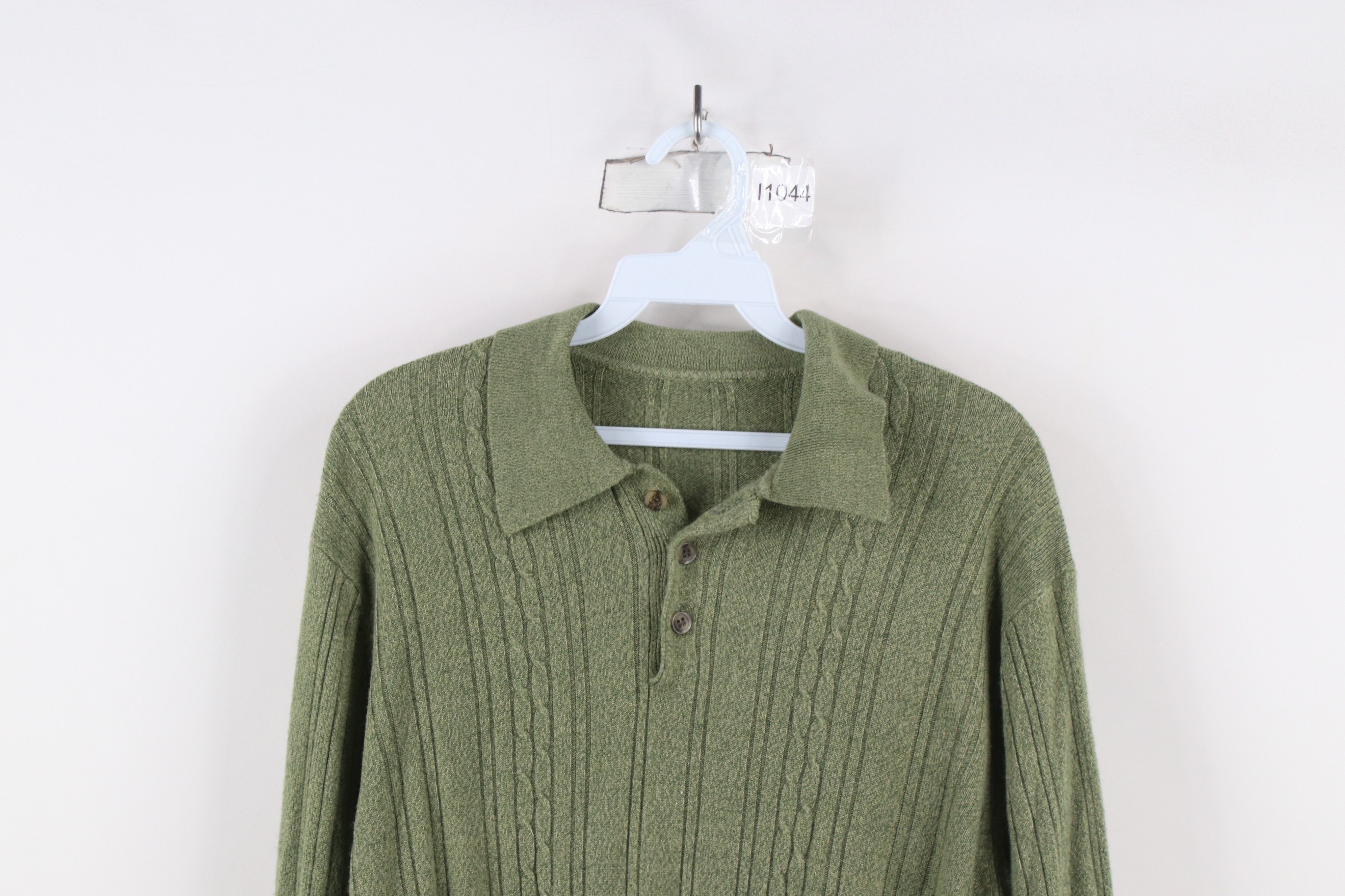 Vintage Vintage 90s Streetwear Cable Knit Collared Sweater Green Size US L / EU 52-54 / 3 - 2 Thumbnail