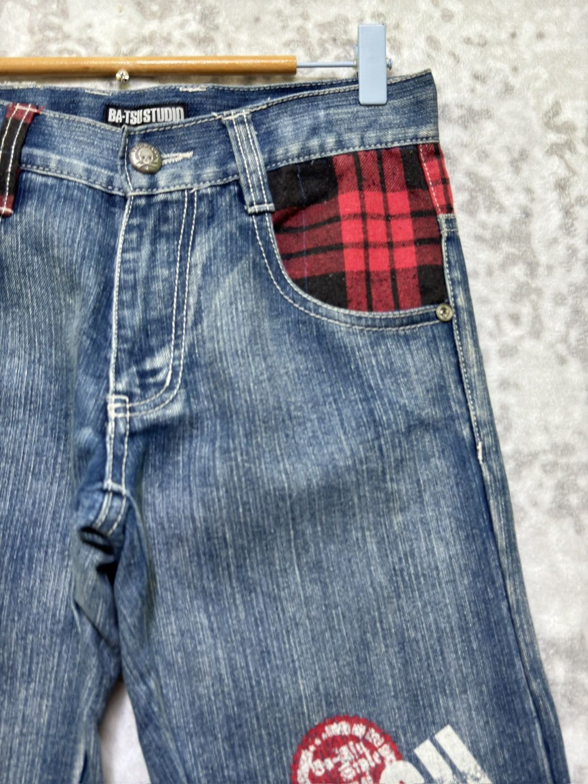 Hysteric Glamour Batsu Studio Punk Streetwear Graphic Tartan Patch Denim Size US 29 - 5 Thumbnail