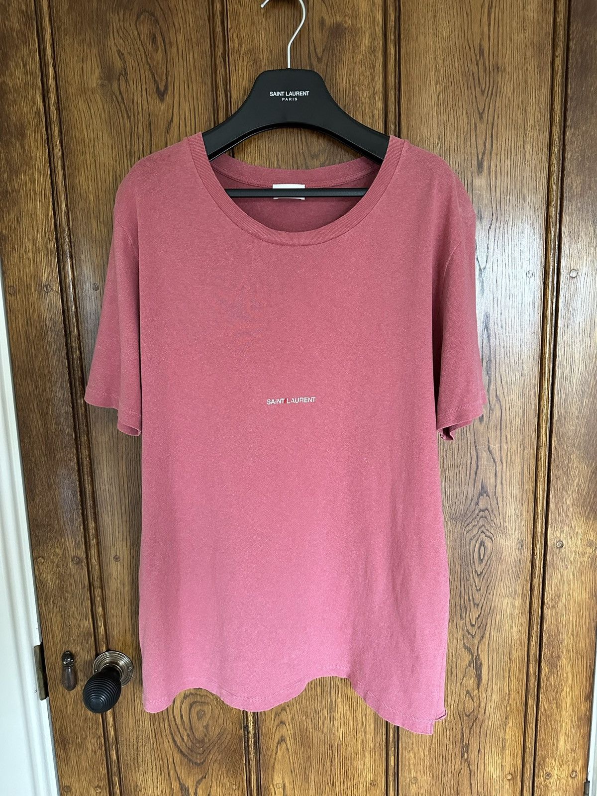 Saint Laurent Paris $550 Saint Laurent Rive Gauche logo t shirt pink salmon Size US M / EU 48-50 / 2 - 1 Thumbnail
