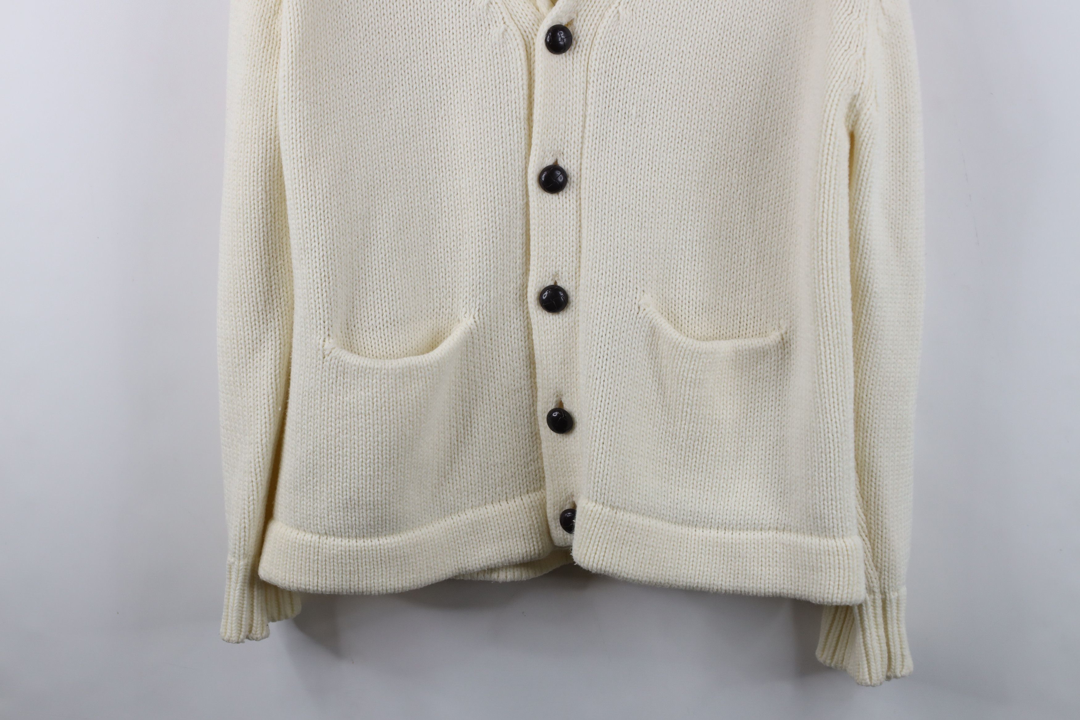 Vintage Vintage 70s Dapper Ribbed Knit Shawl Cardigan Sweater Cream Size US L / EU 52-54 / 3 - 3 Thumbnail