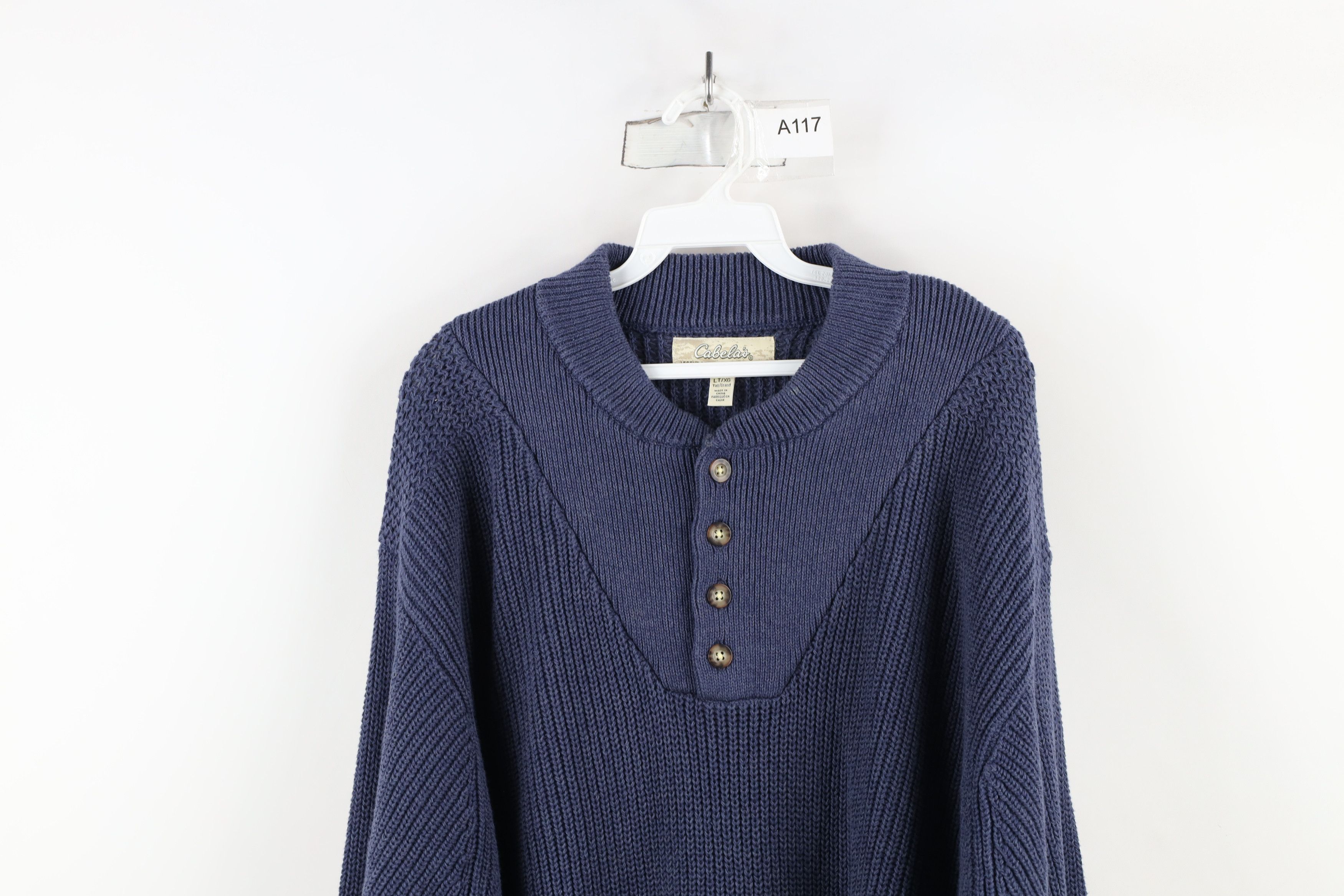 Cabelas × Vintage Vintage Cabelas Blank Cotton Ribbed Knit Henley Sweater Blue Size US L / EU 52-54 / 3 - 2 Thumbnail