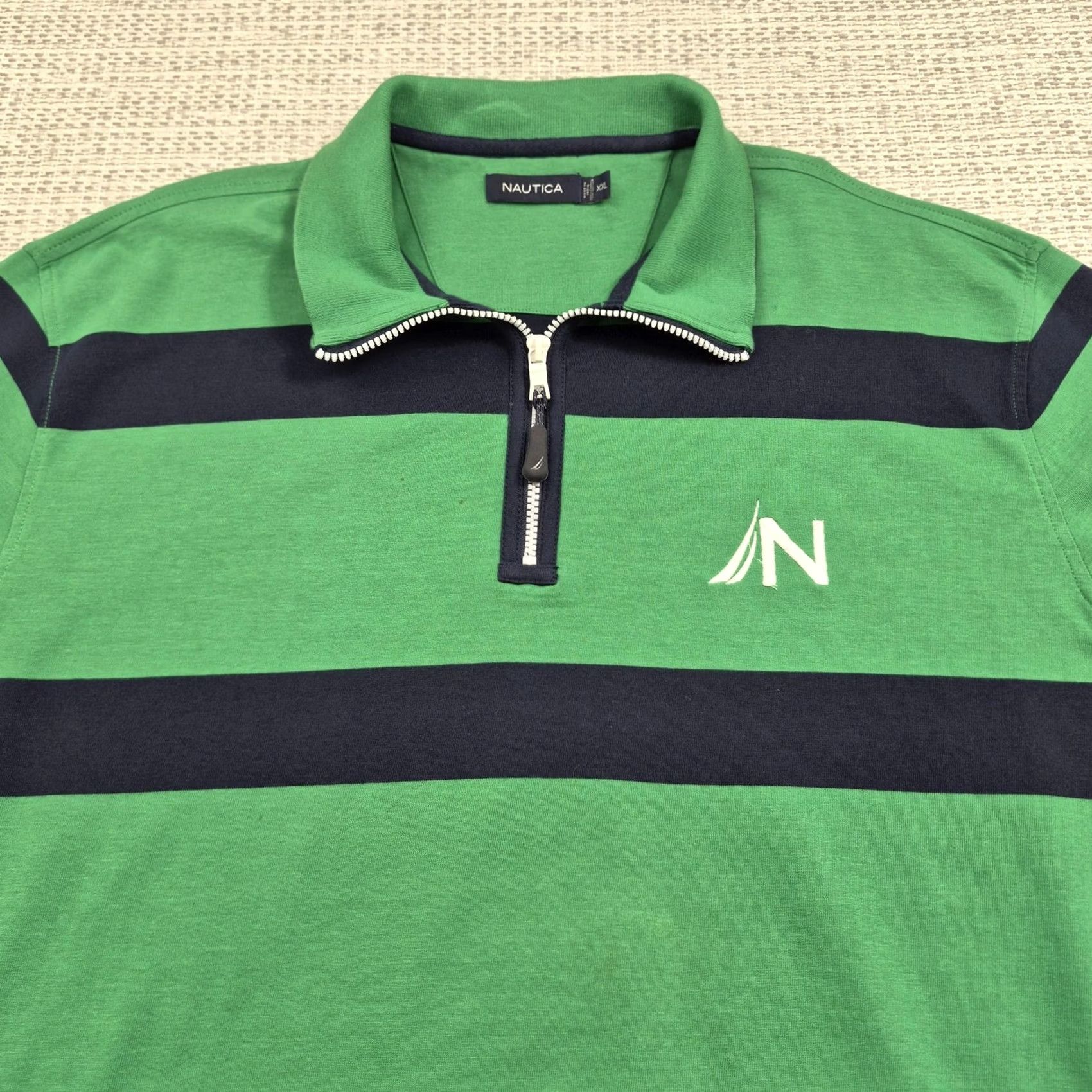 Nautica Nautica Mens 2XL Rugby Polo Sweater Shirt Green Striped 1/4 Zip Collared Size US XXL / EU 58 / 5 - 5 Thumbnail