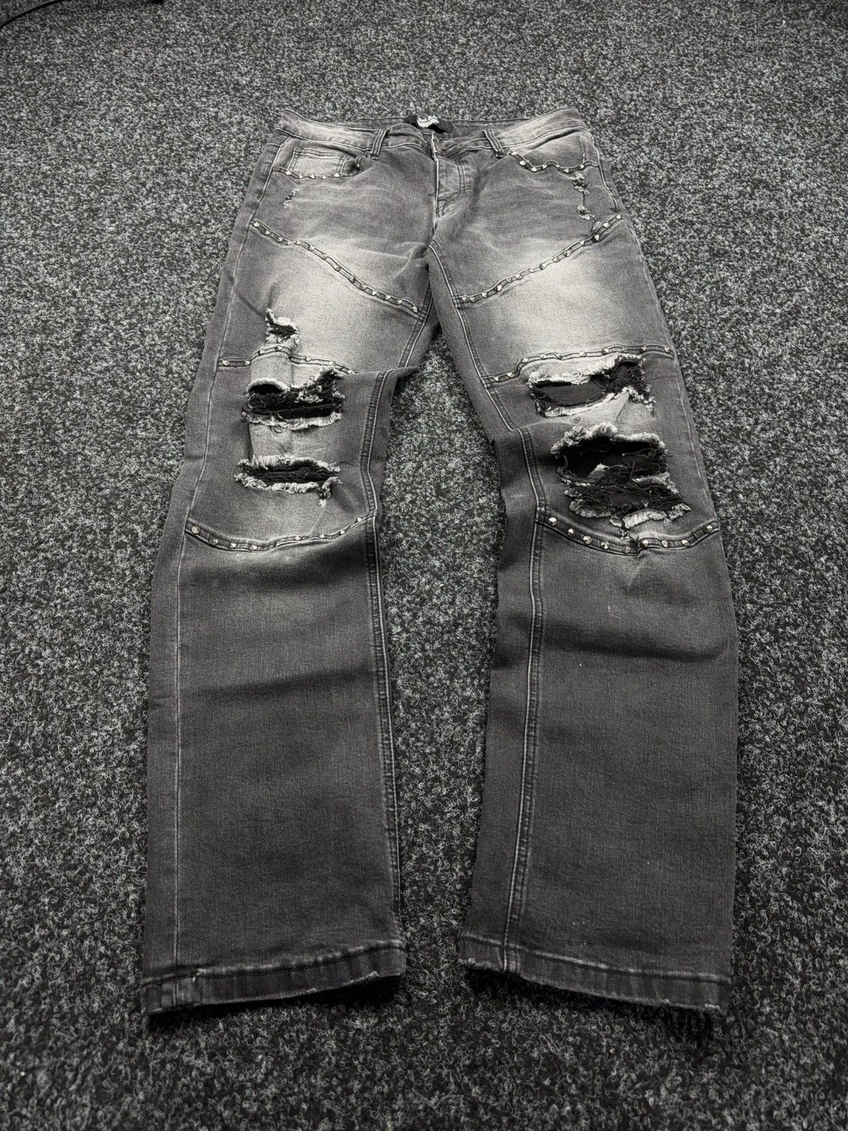 Le Grande Bleu (L.G.B.) Opium 00s Punk Rock Rebel Distressed Studded Biker Jeans Size US 31 - 1 Thumbnail