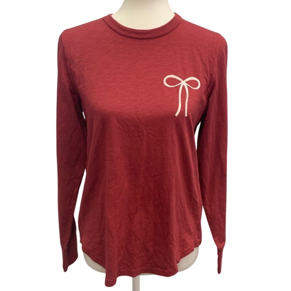 American Eagle Outfitters New Aerie Red Long Sleeve PolyCotton Tee Shirt White Ribbon Size S / US 4 / IT 40 - 1 Thumbnail