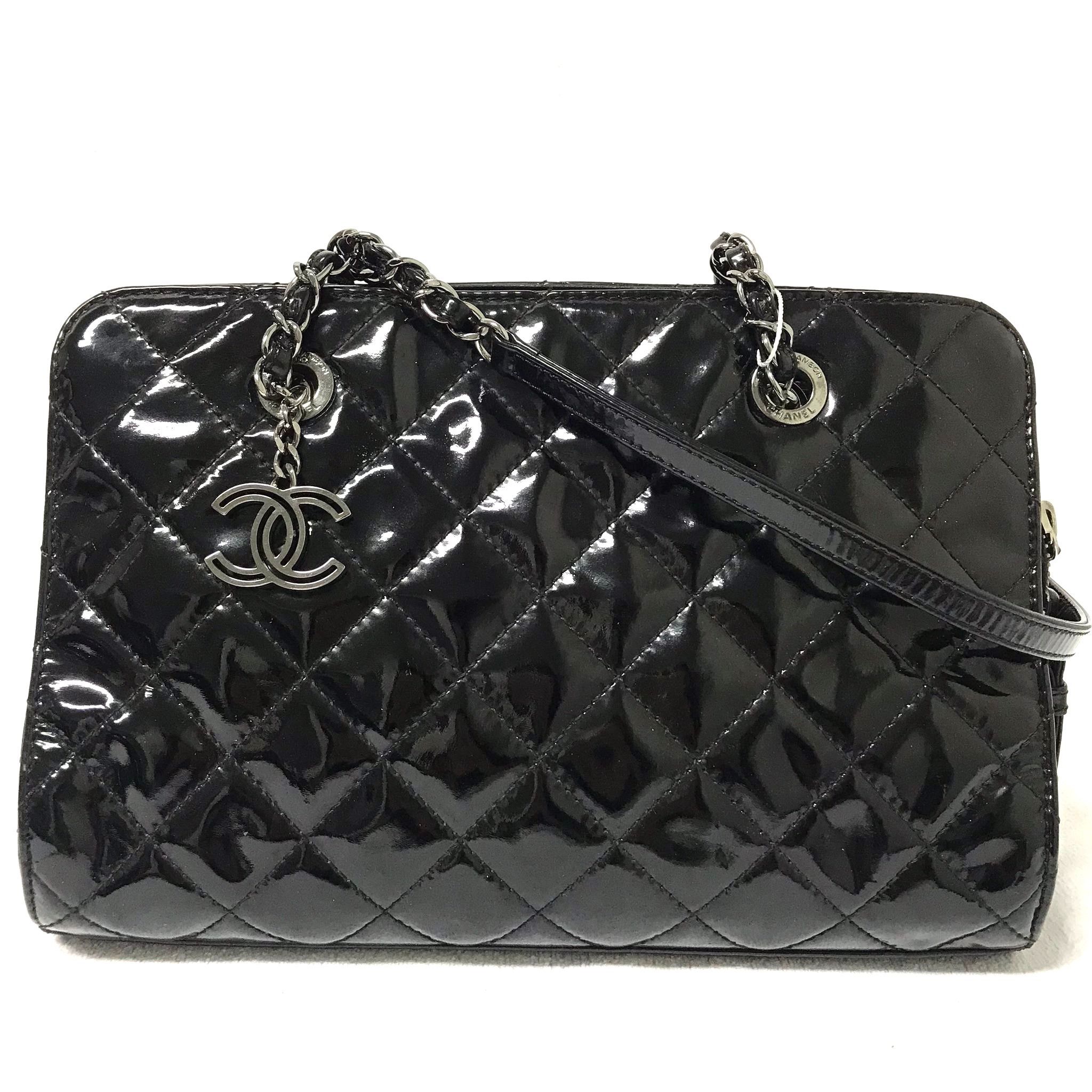 Chanel CC Angle Tote Black Quilted Patent Leather Handbag