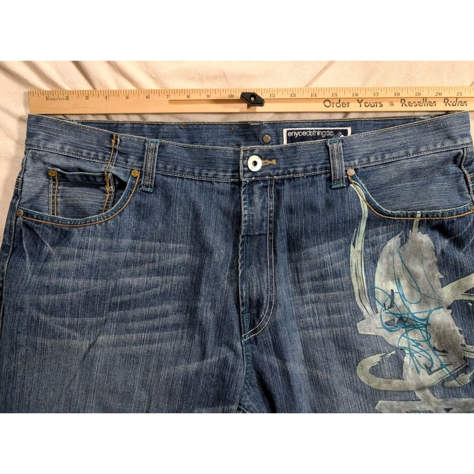 Enyce VTG Enyce Jeans Mens 42x34 Blue Baggy Embroidered Wide Leg Hip Hop Skater Y2K Jeans Mens 42 Blue Embroidered Baggy Wide Leg Hip Hop 90s Retro Mens Size US 42 / EU 58 - 3 Thumbnail