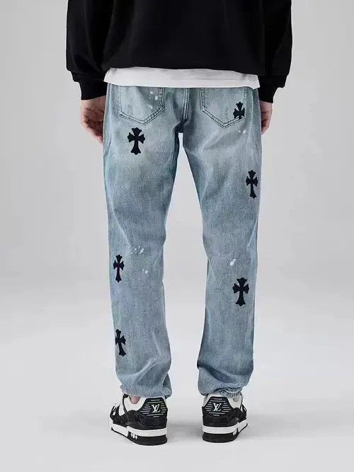 Japanese Brand High Street Washed Distressed Cross Print Straight Leg Jeans Size US 32 / EU 48 - 2 Thumbnail