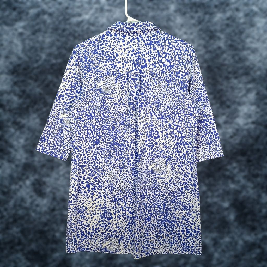 Vintage Persifor Womens Medium Blue & White Leopard Print Button-Up Tunic Dress Shirt Dress Size M / US 6-8 / IT 42-44 - 1 Thumbnail