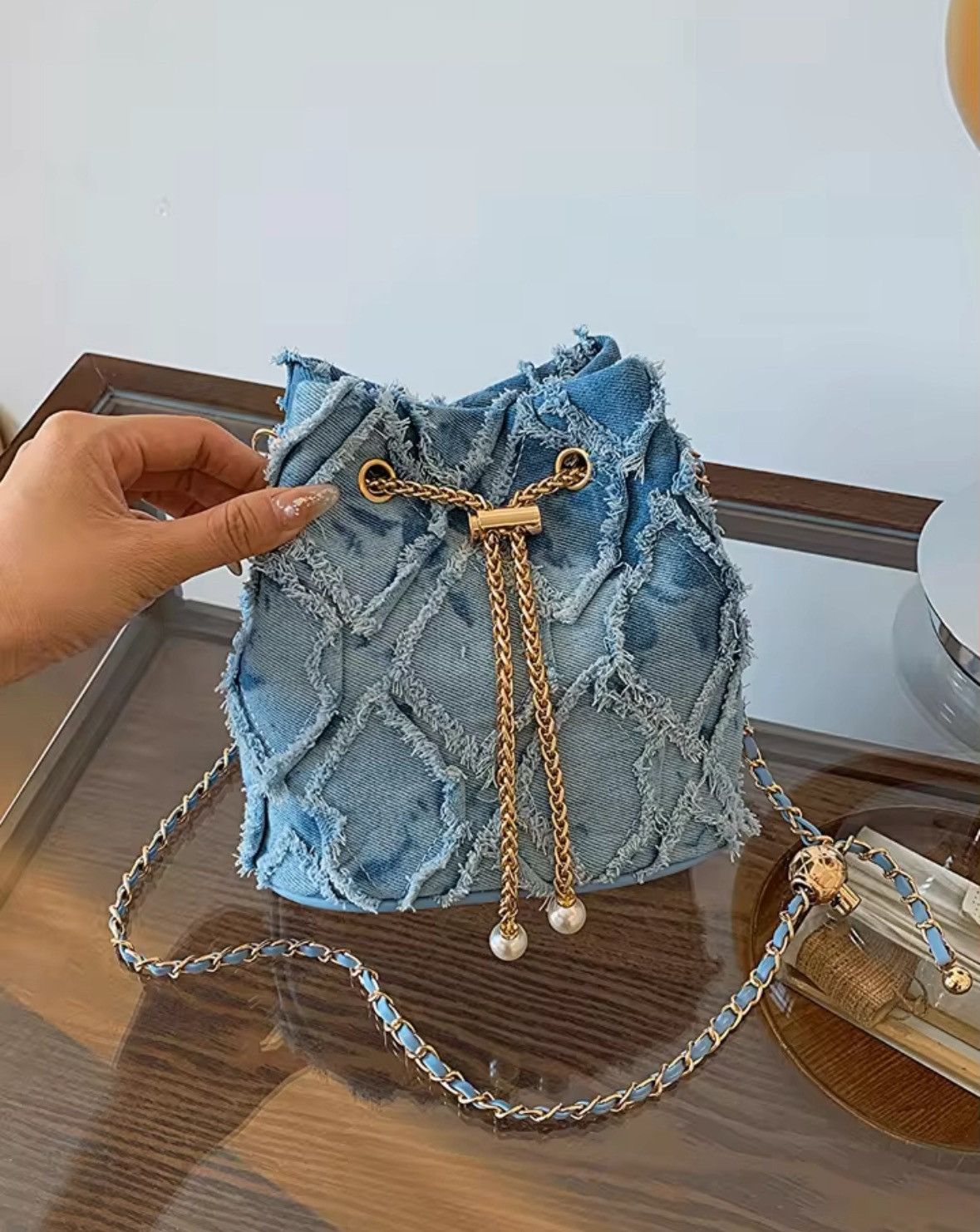 Japanese Brand Vintage Denim Bucket Bag Retro Style Light Blue Ripped Edge Size ONE SIZE - 1 Thumbnail