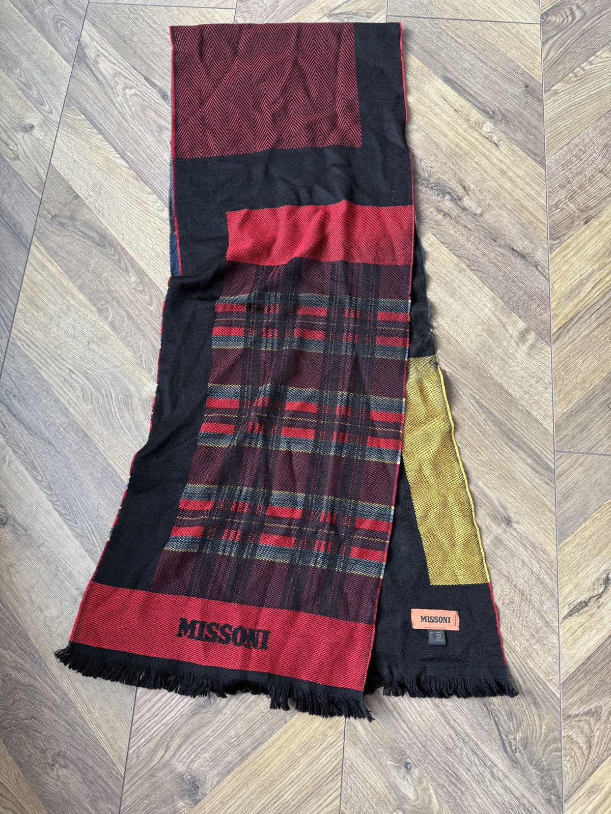 Missoni Missoni 100% Wool Scarf Black Red Plaid Logo Fringe Size ONE SIZE - 2 Thumbnail