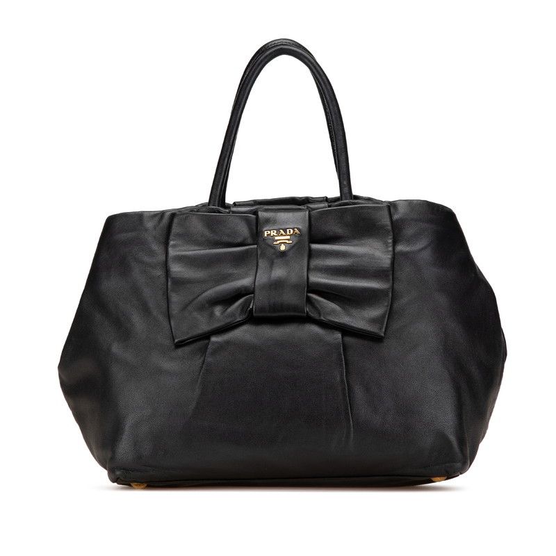 Prada Prada Black Leather Ribbon Handbag Leather Tote Bag, Women's