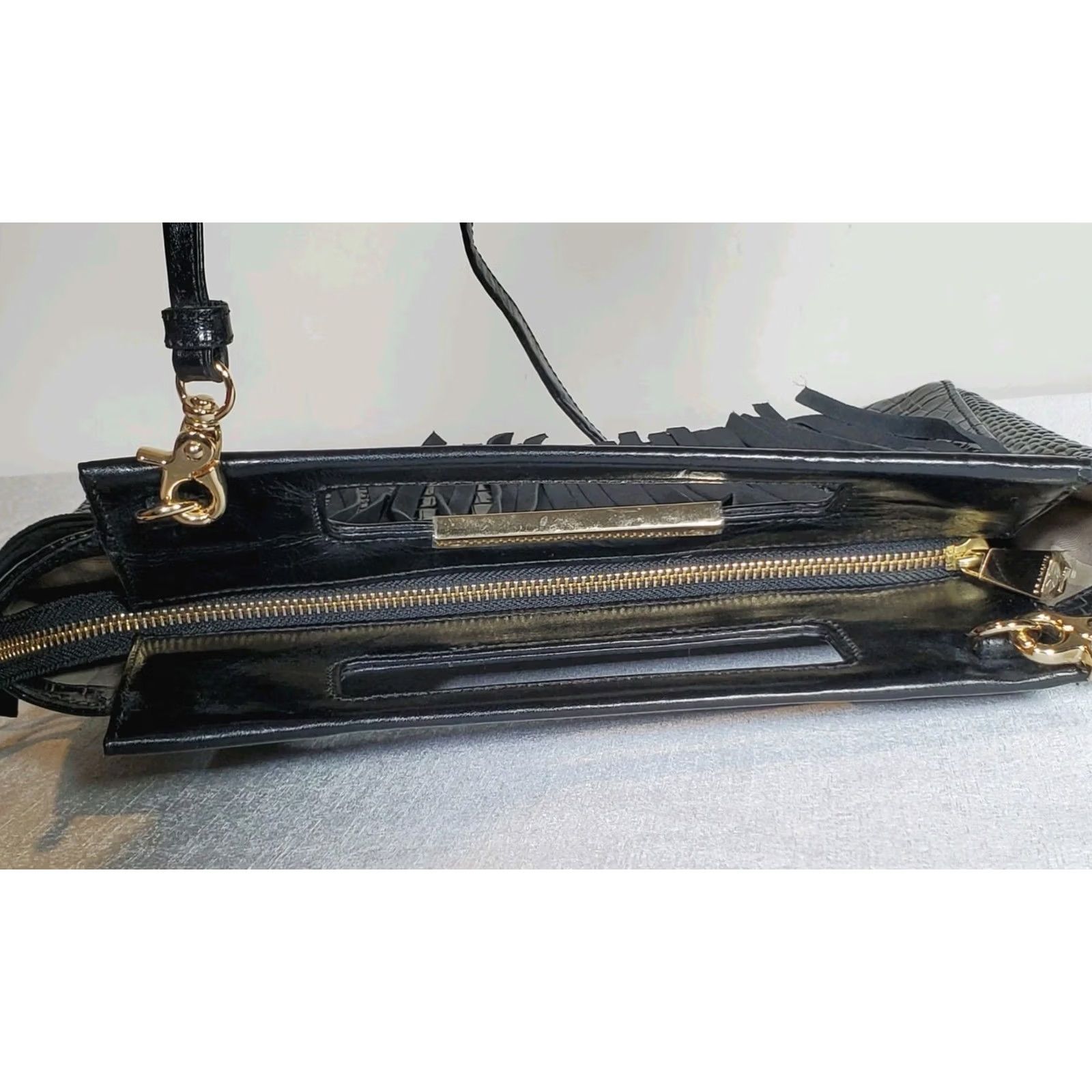 BRAHMIN Brahmin Lenox Clutch Black Tri-Texture Leather Crossbody Suede Fringe L82 829 Size ONE SIZE - 6 Thumbnail