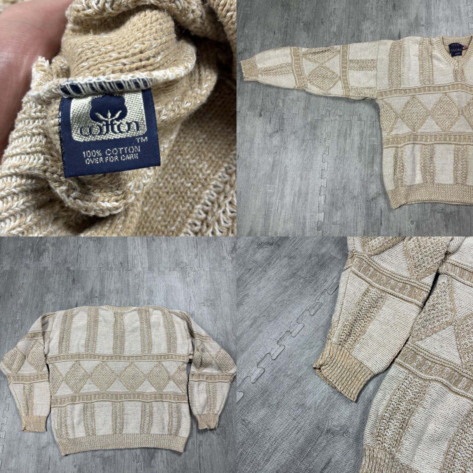Vintage VTG OLD GLORY USA MADE V-NECK ABSTRACT TEXTURED KNIT TAN SWEATER GRANDPA SIZE L Shirt Mens Knit Pullover White Beige 90s USA Size US L / EU 52-54 / 3 - 8 Thumbnail