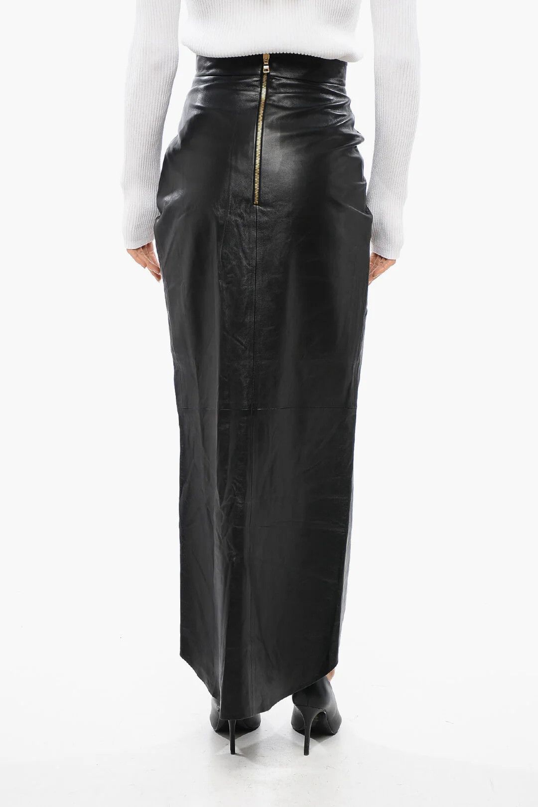 Balmain og1mm0326 Leather Midi Wrap Skirt in Black Size 40" / US 18 - 2 Thumbnail