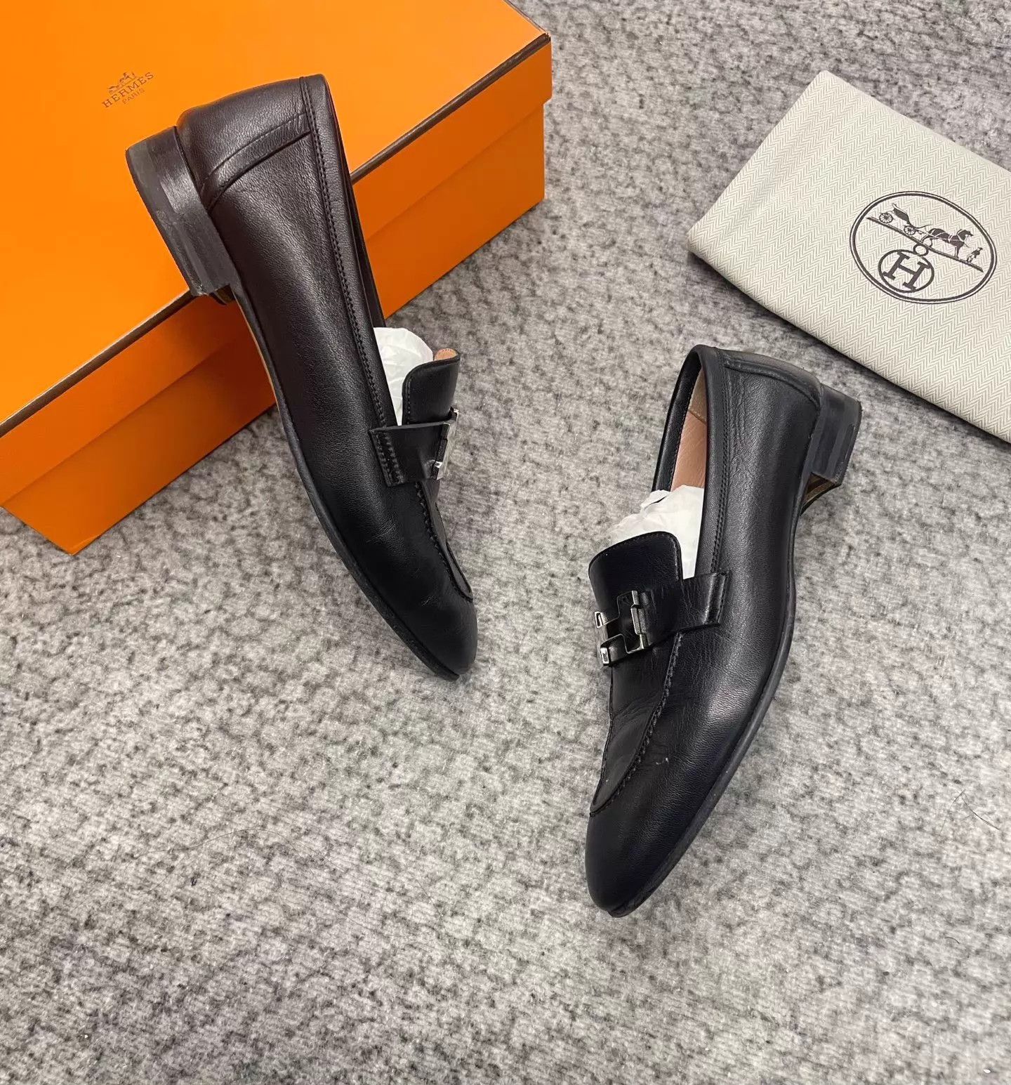 Hermes Hermes H Buckle Flat Leather Shoes Black & Silver Size US 6 / IT 36 - 3 Thumbnail