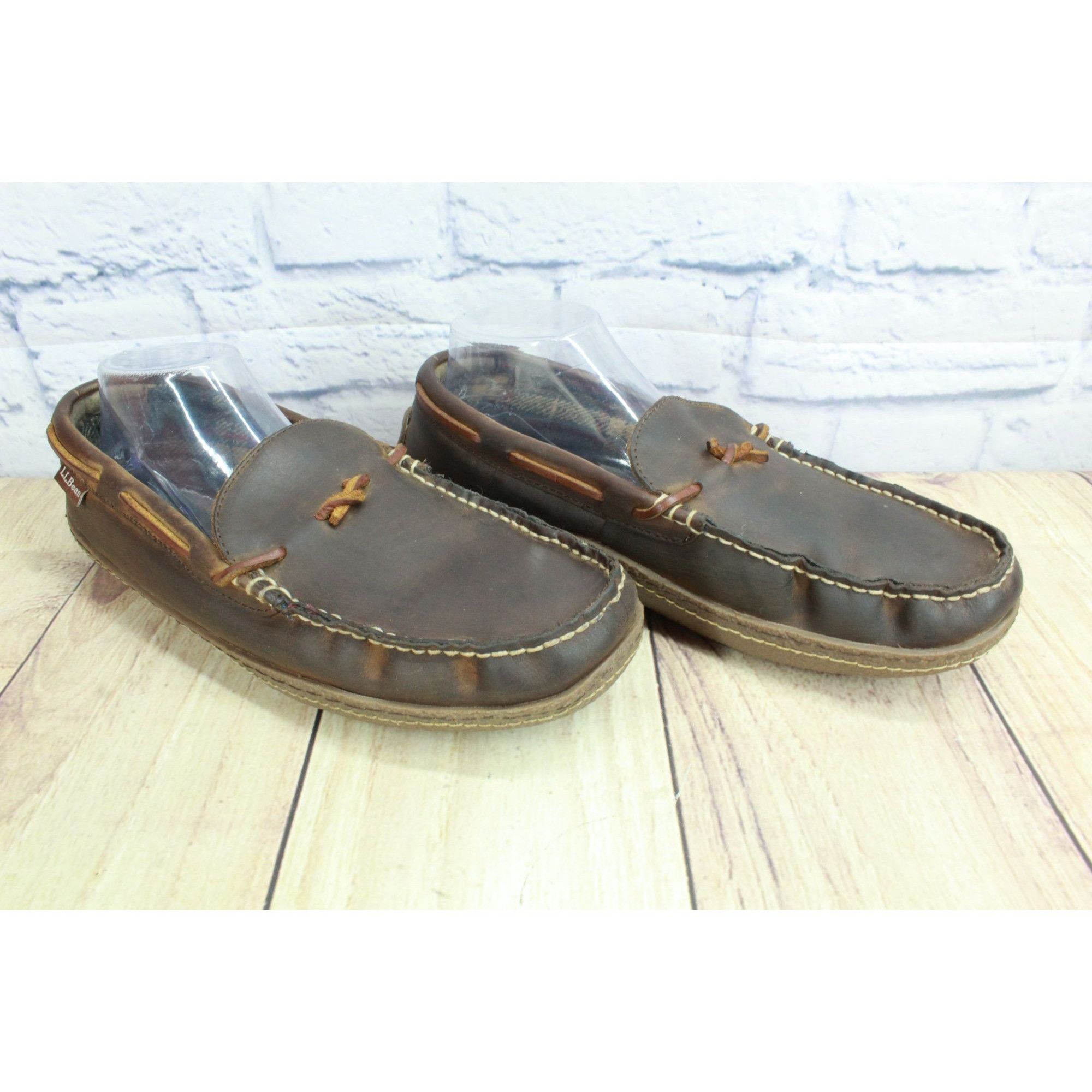 L.L. Bean LL Bean Men's Brown Leather Handsewn Flannel Lined Slippers Size US 10 / EU 43 - 3 Thumbnail