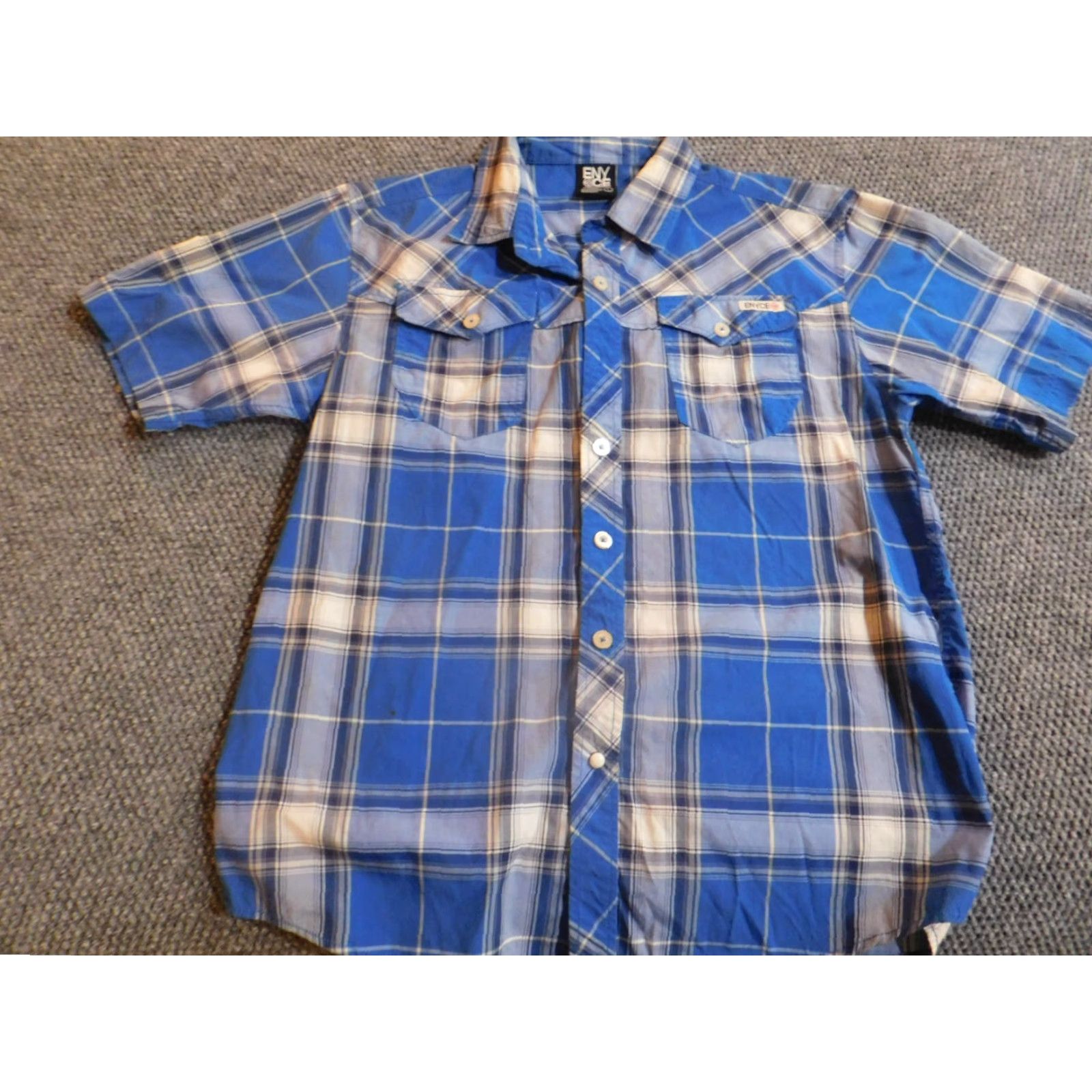 Enyce Enyce Mens Shirt L blue striped short sleeve button-down collar knit cotton polyester Size US L / EU 52-54 / 3 - 4 Thumbnail