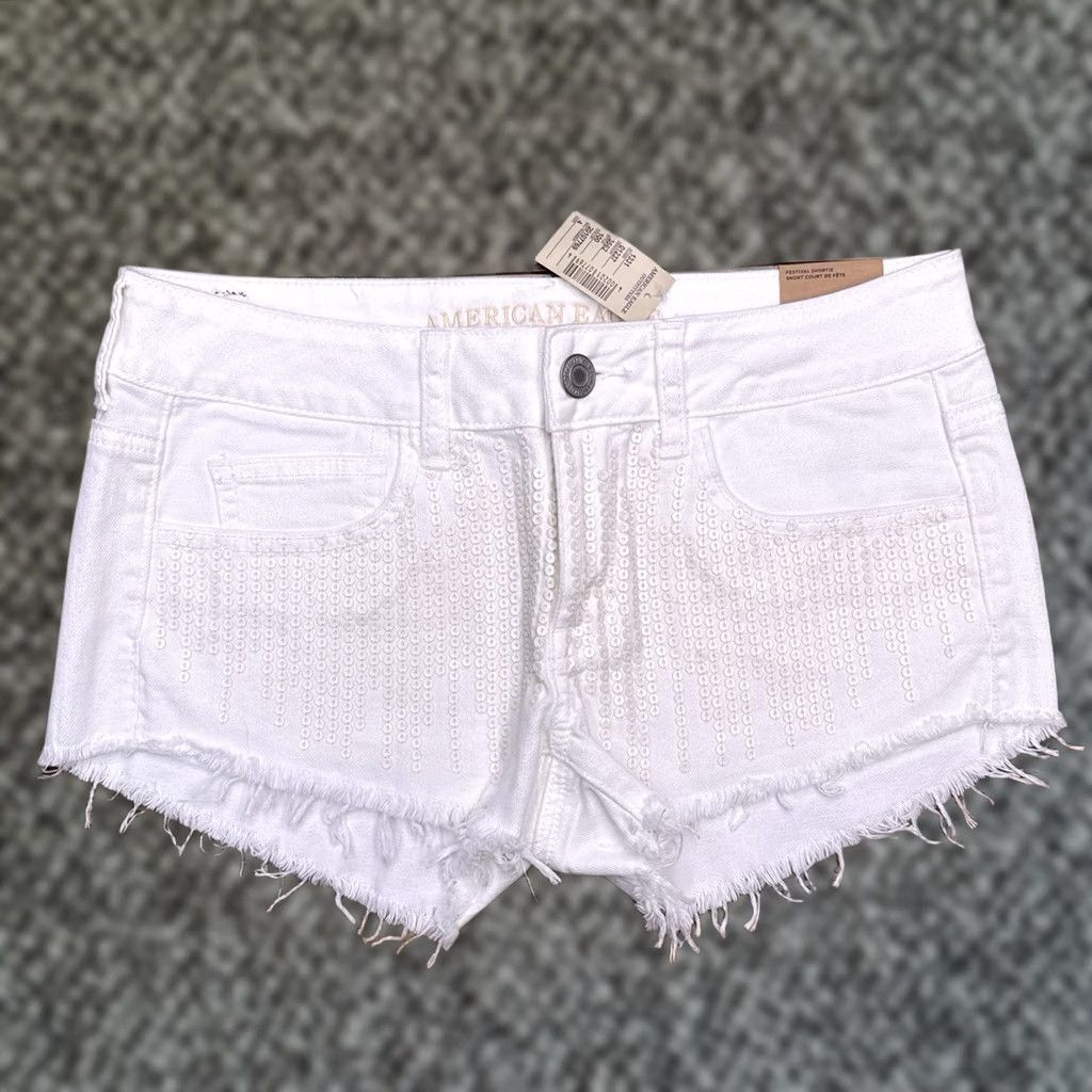 American Eagle Outfitters American Eagle Outfitters Cut Off Shorts Womens 4 White Stretch Low Rise Sequin New Size 27" / US 4 / IT 40 - 1 Thumbnail