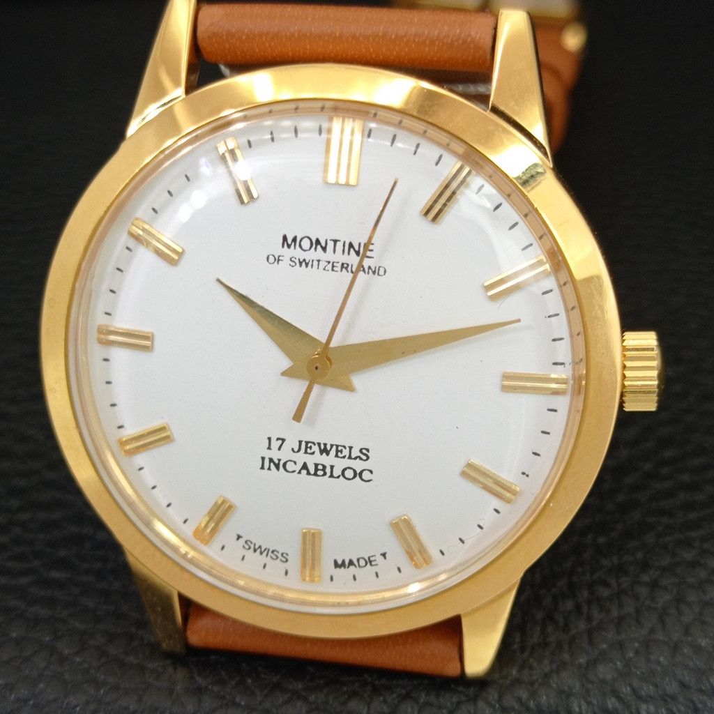 Other VINTAGE MONTINE HAND-WINDING SWISS MENS WHITE WATCH a444155 Size 38 - 3 Thumbnail