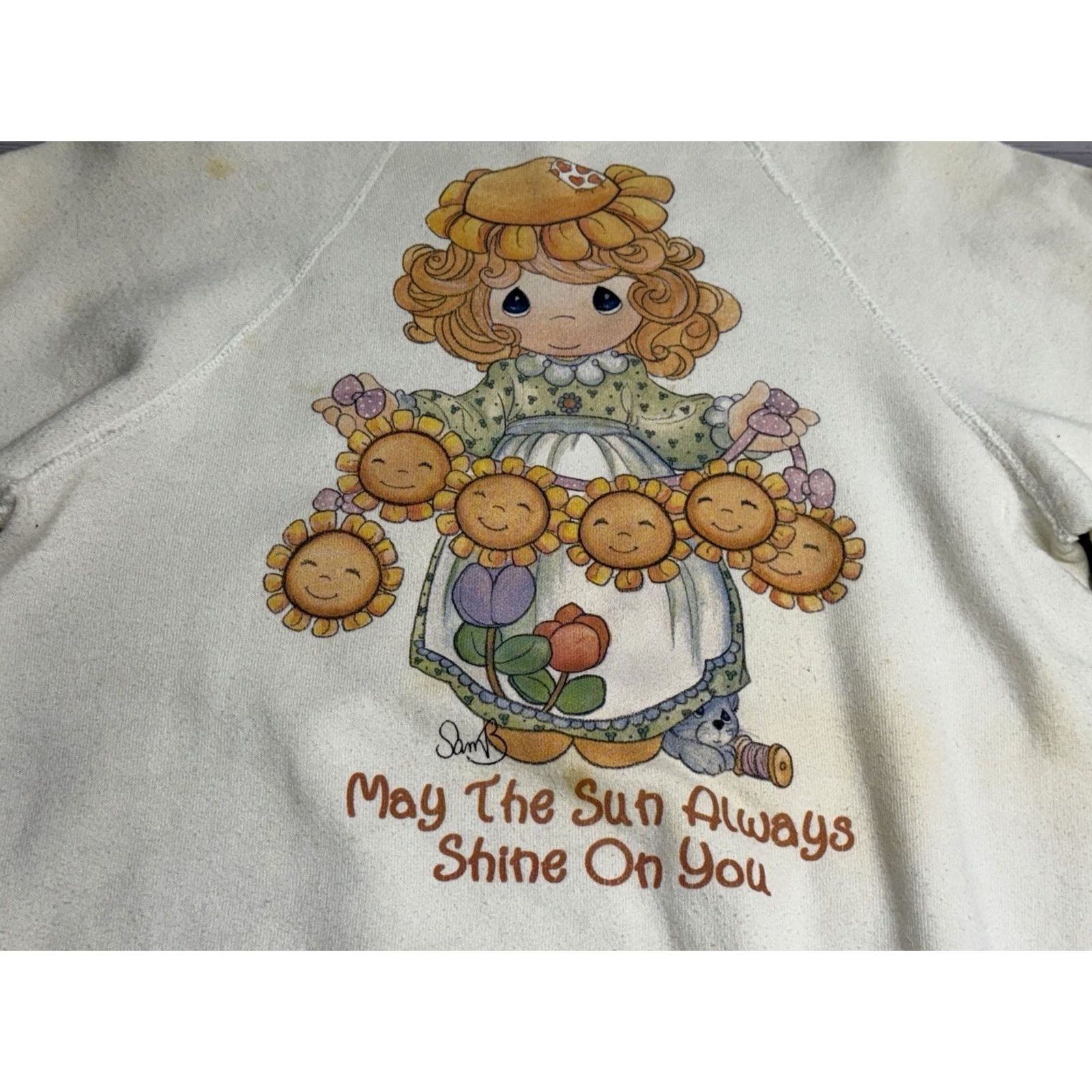 Lee VINTAGE Precious Moments Sweatshirt Lee Womens Small White Sunflower 80s 90s USA Cottagecore Pullover Crew Neck Size S / US 4 / IT 40 - 3 Thumbnail