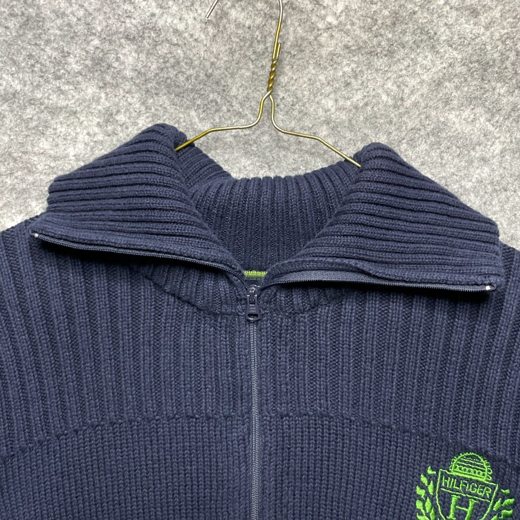 Tommy Hilfiger Sweater Womens XL Blue Pullover Quarter Zip Green Crest Cotton
