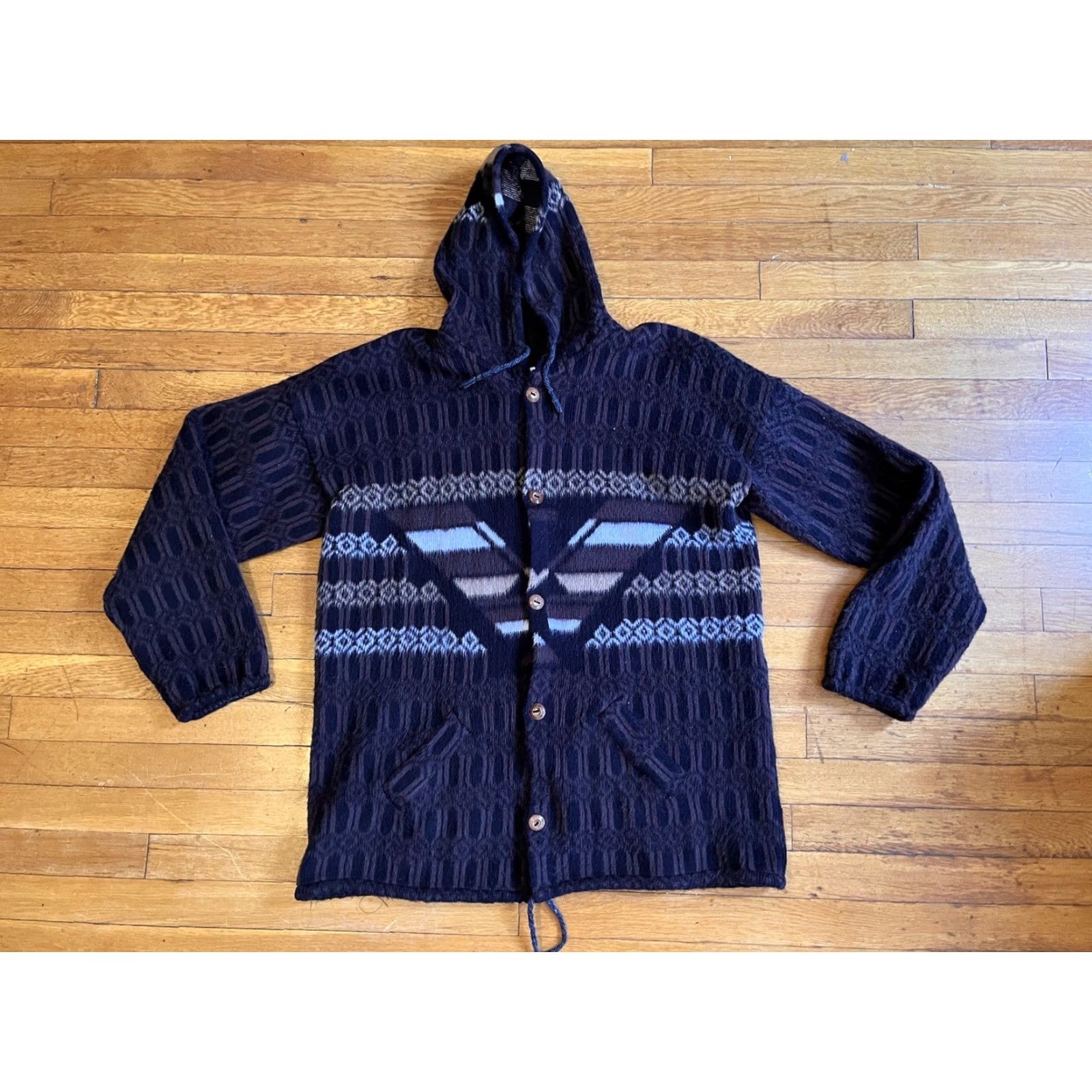 Vintage VINTAGE Otavalo Cardigan Sweater Hooded Women’s One Size Brown Aztec Geometric Wool 100% Heavyweight Oversized Regular Ladies Mens? Size ONE SIZE - 2 Thumbnail