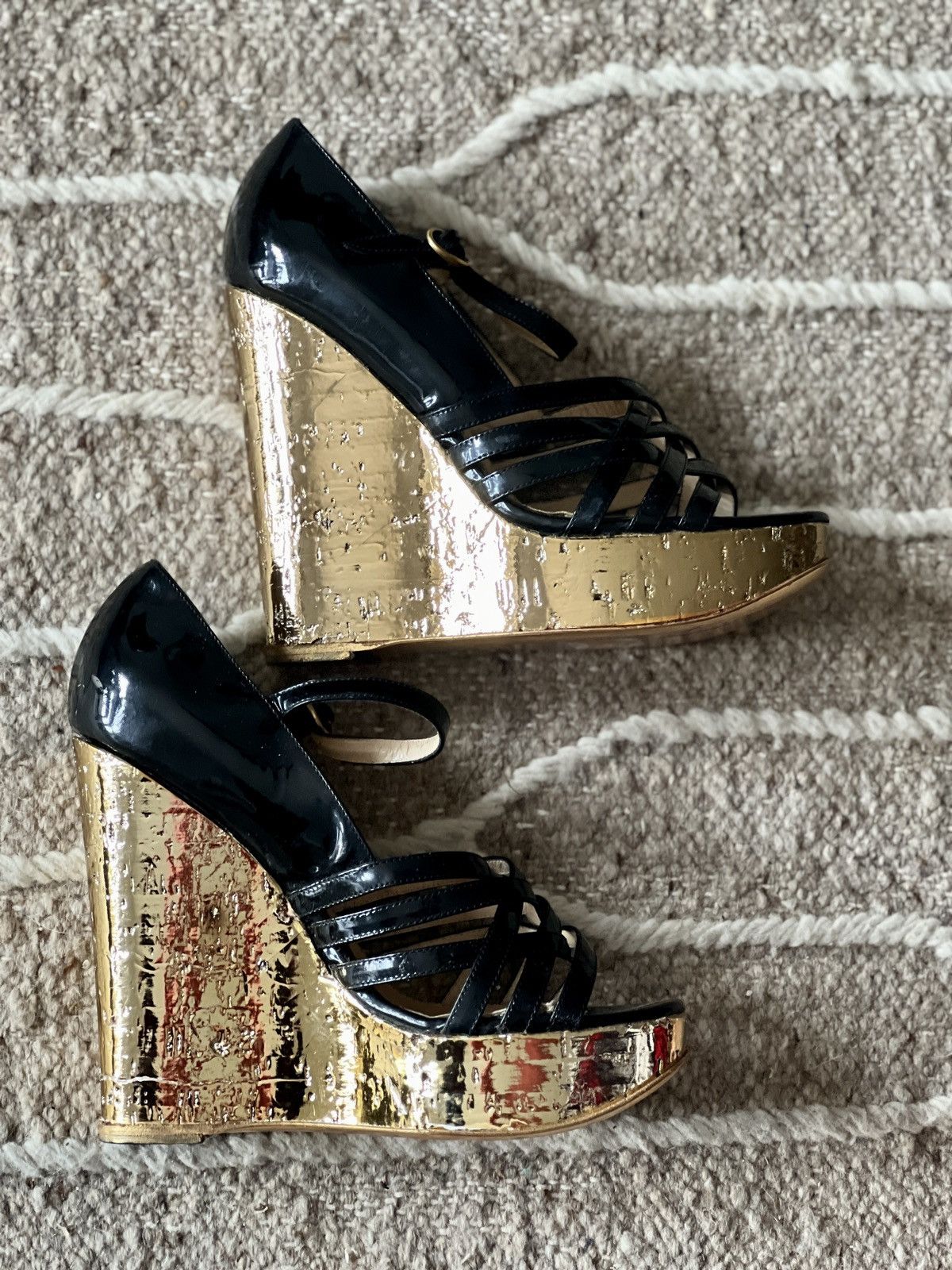 Yves Saint Laurent Yves Saint Laurent Black Leather Straps Gold Cork Wedge Size US 7 / IT 37 - 2 Thumbnail
