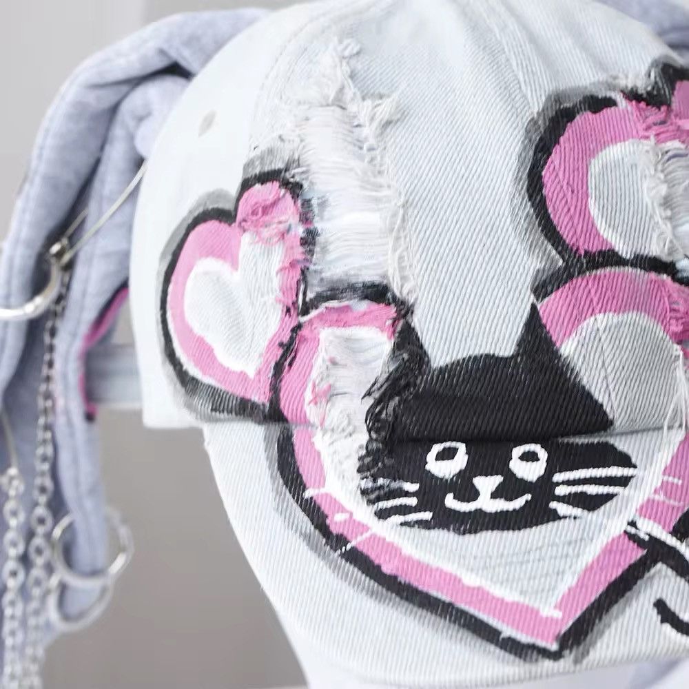 Japanese Brand Graffiti Long Rabbit Ears Ripped Metal Ring Cap Size ONE SIZE - 6 Thumbnail
